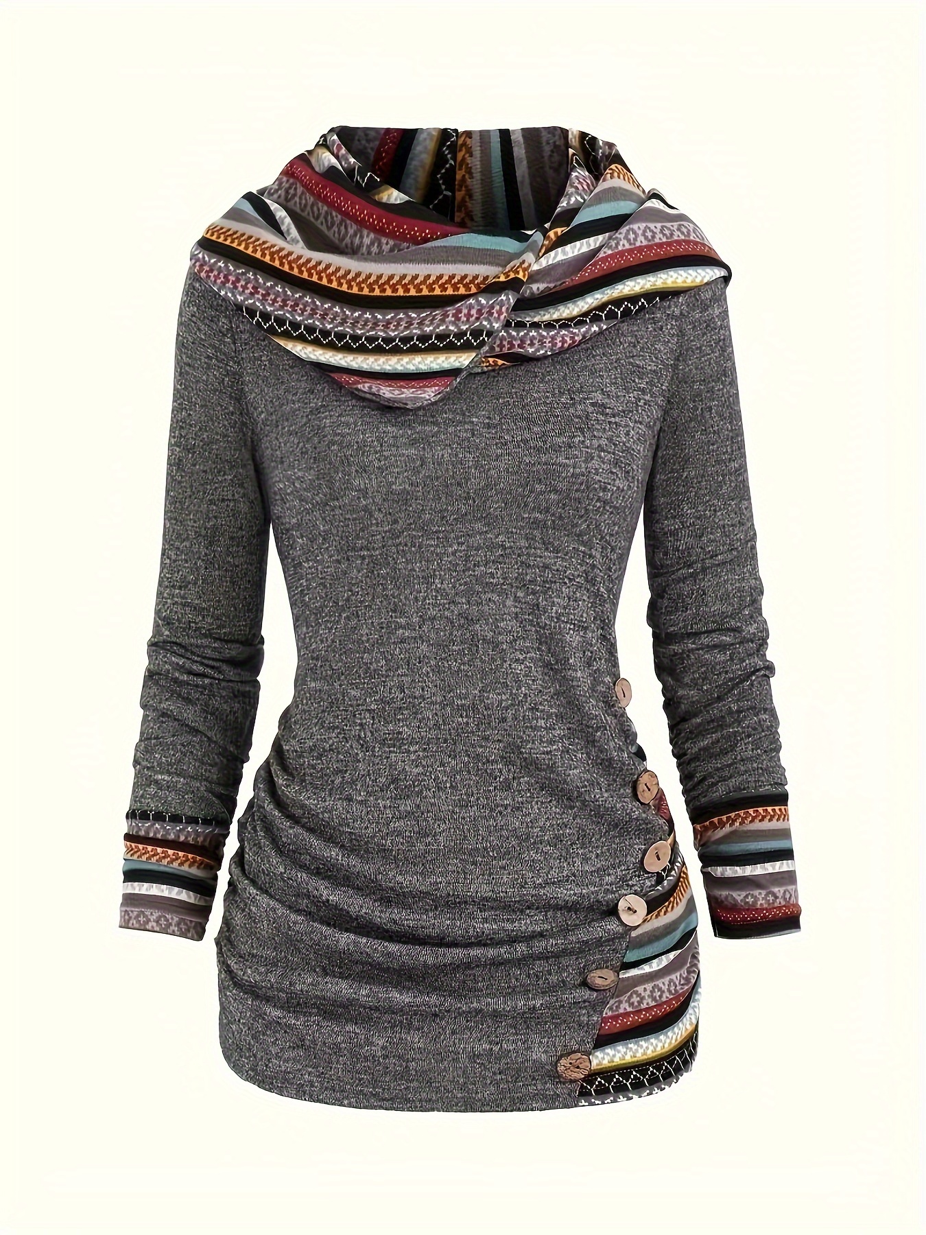 stripe splicing button decor hoodie casual long sleeve hoodie womens clothing details 7