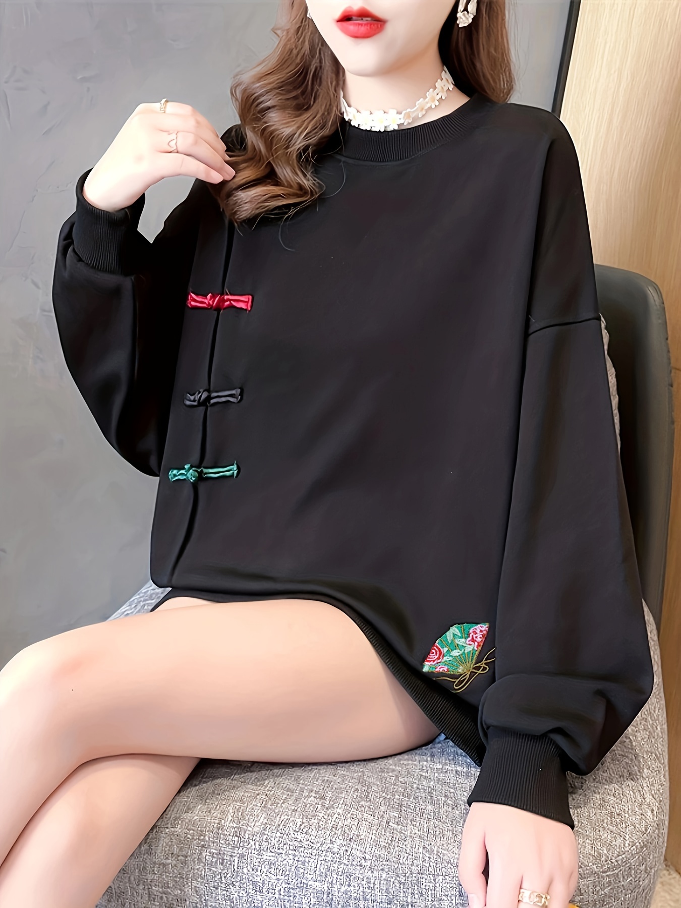 frog button folding fan sweatshirt casual long sleeve crew neck sweatshirt for fall winter womens clothing details 0