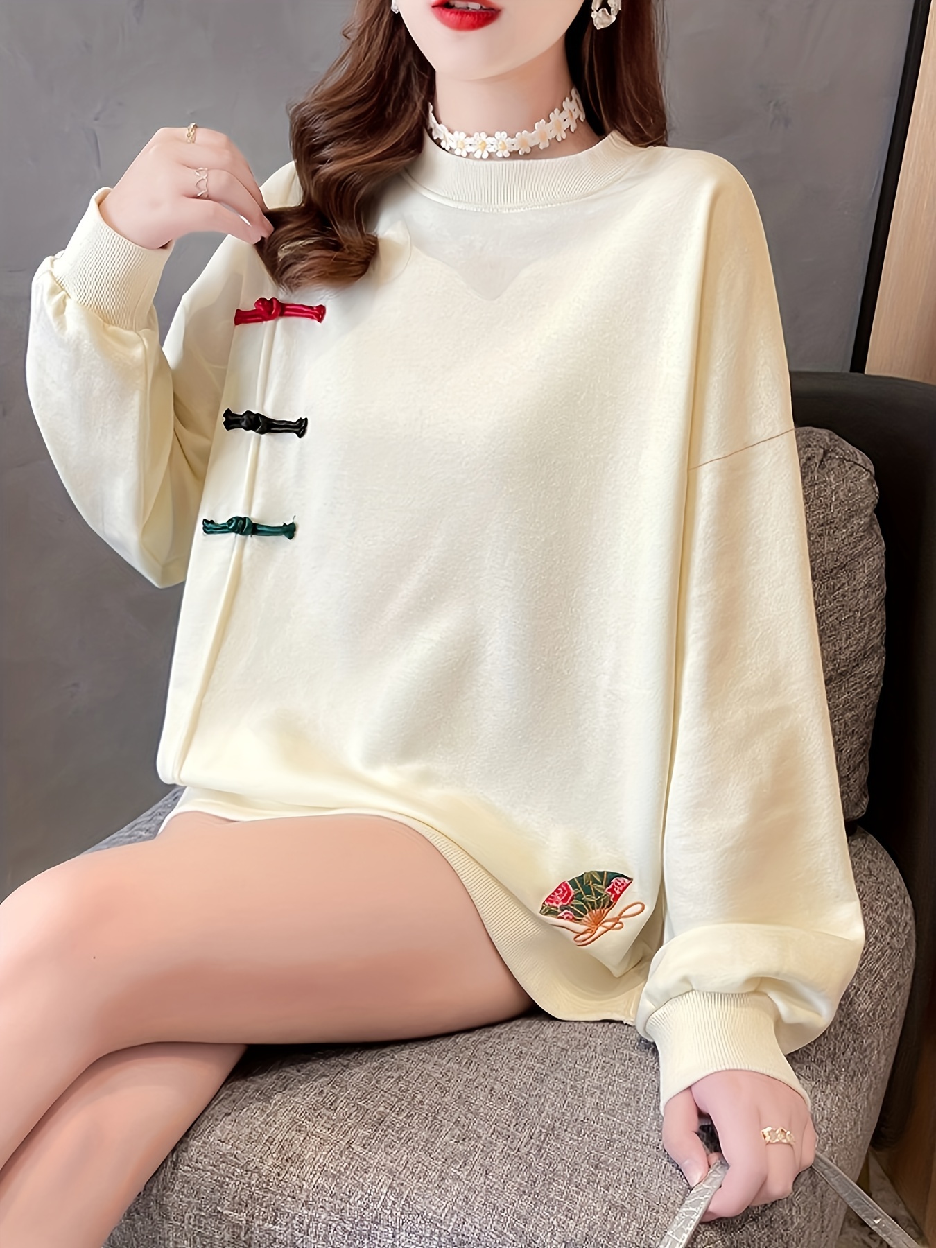 frog button folding fan sweatshirt casual long sleeve crew neck sweatshirt for fall winter womens clothing details 6