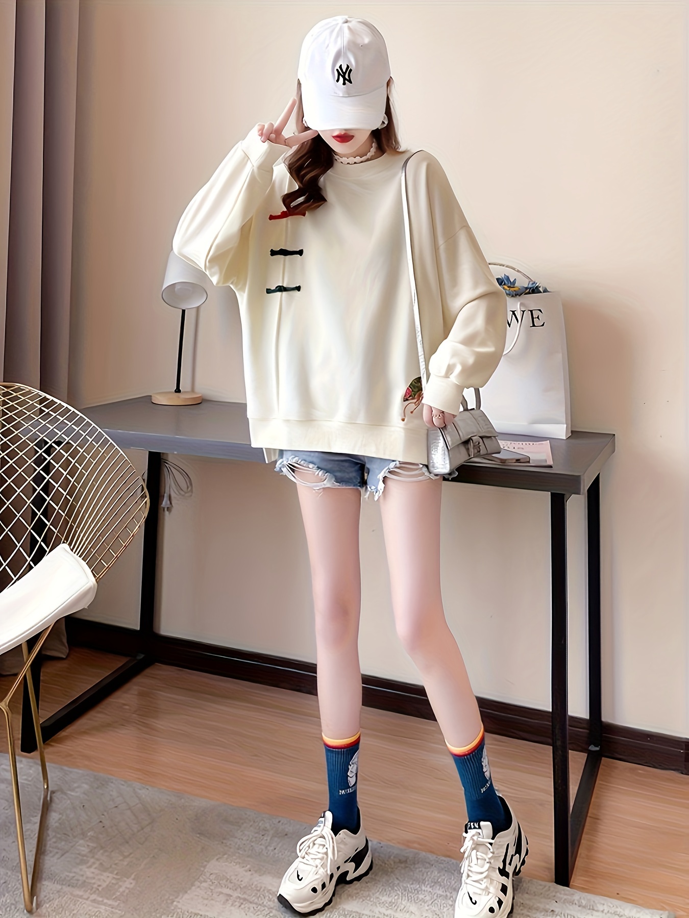 frog button folding fan sweatshirt casual long sleeve crew neck sweatshirt for fall winter womens clothing details 7