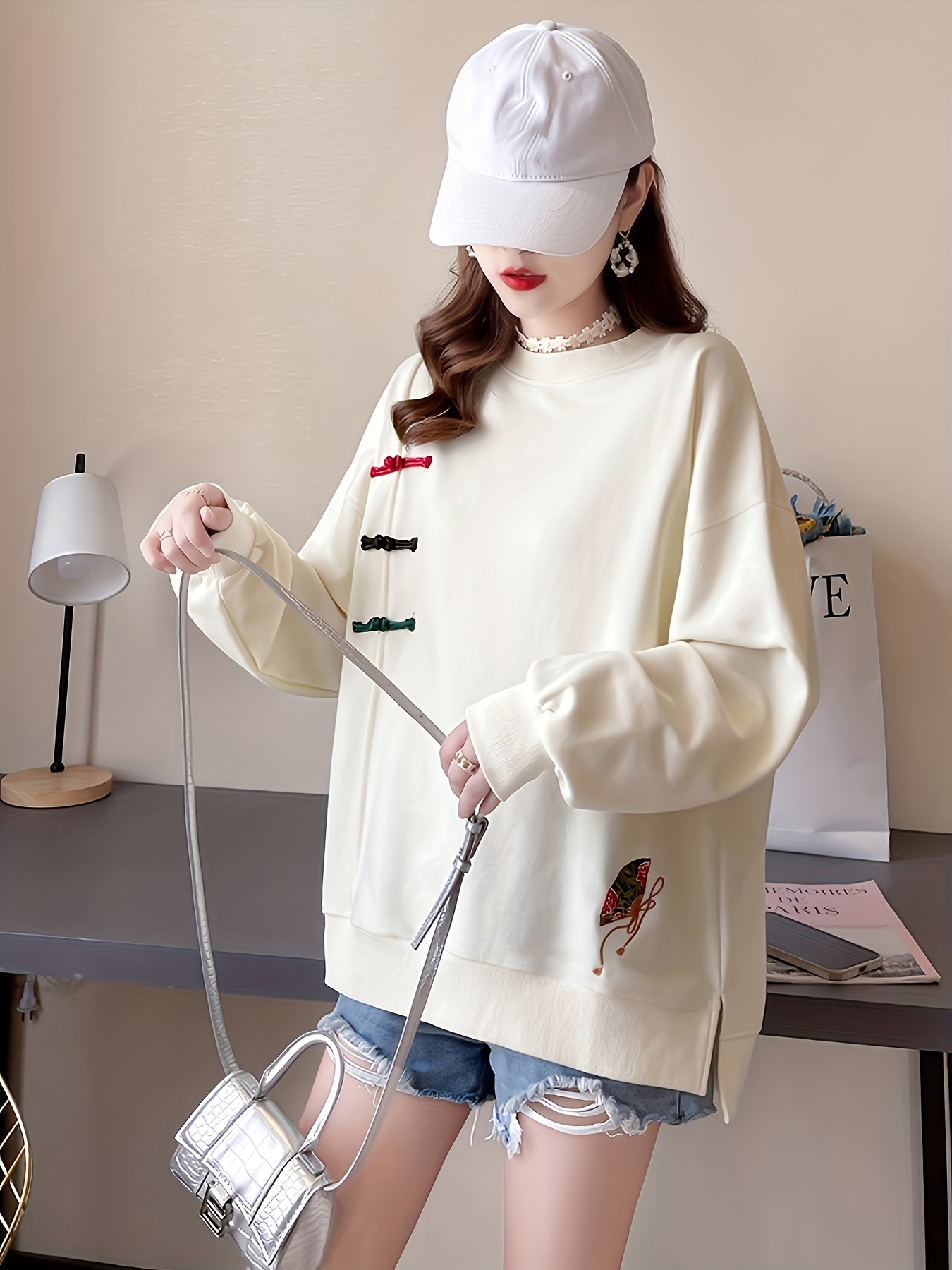 frog button folding fan sweatshirt casual long sleeve crew neck sweatshirt for fall winter womens clothing details 9