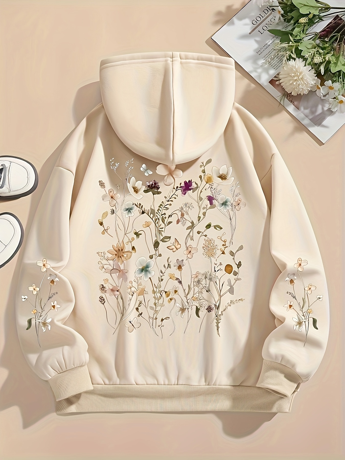 floral print drawstring hoodie casual long sleeve drop shoulder hoodie womens clothing details 0