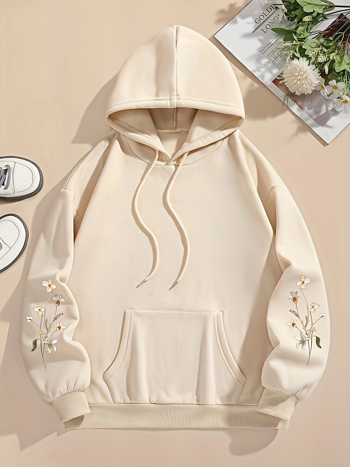 floral print drawstring hoodie casual long sleeve drop shoulder hoodie womens clothing details 1