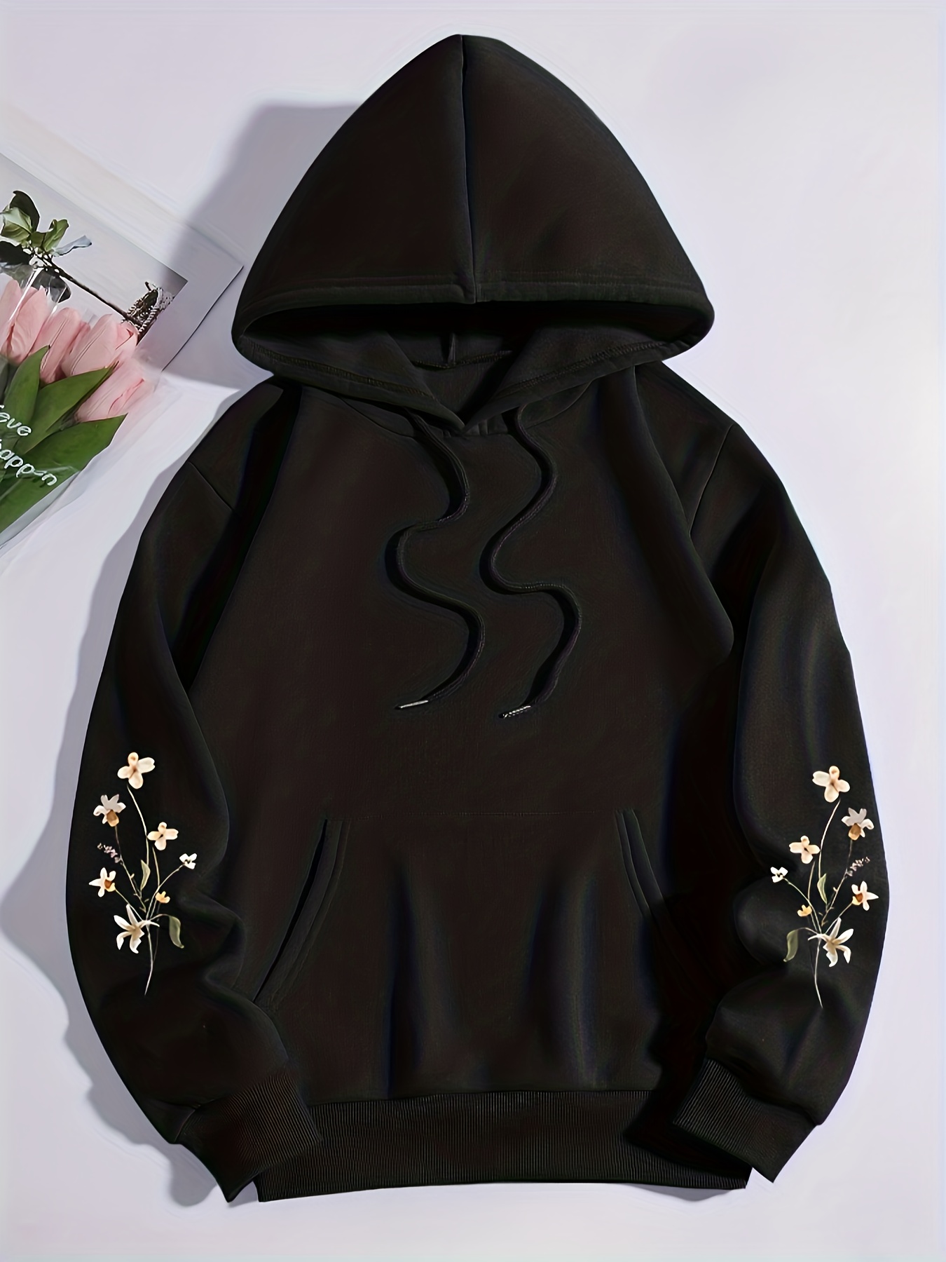 floral print drawstring hoodie casual long sleeve drop shoulder hoodie womens clothing details 4