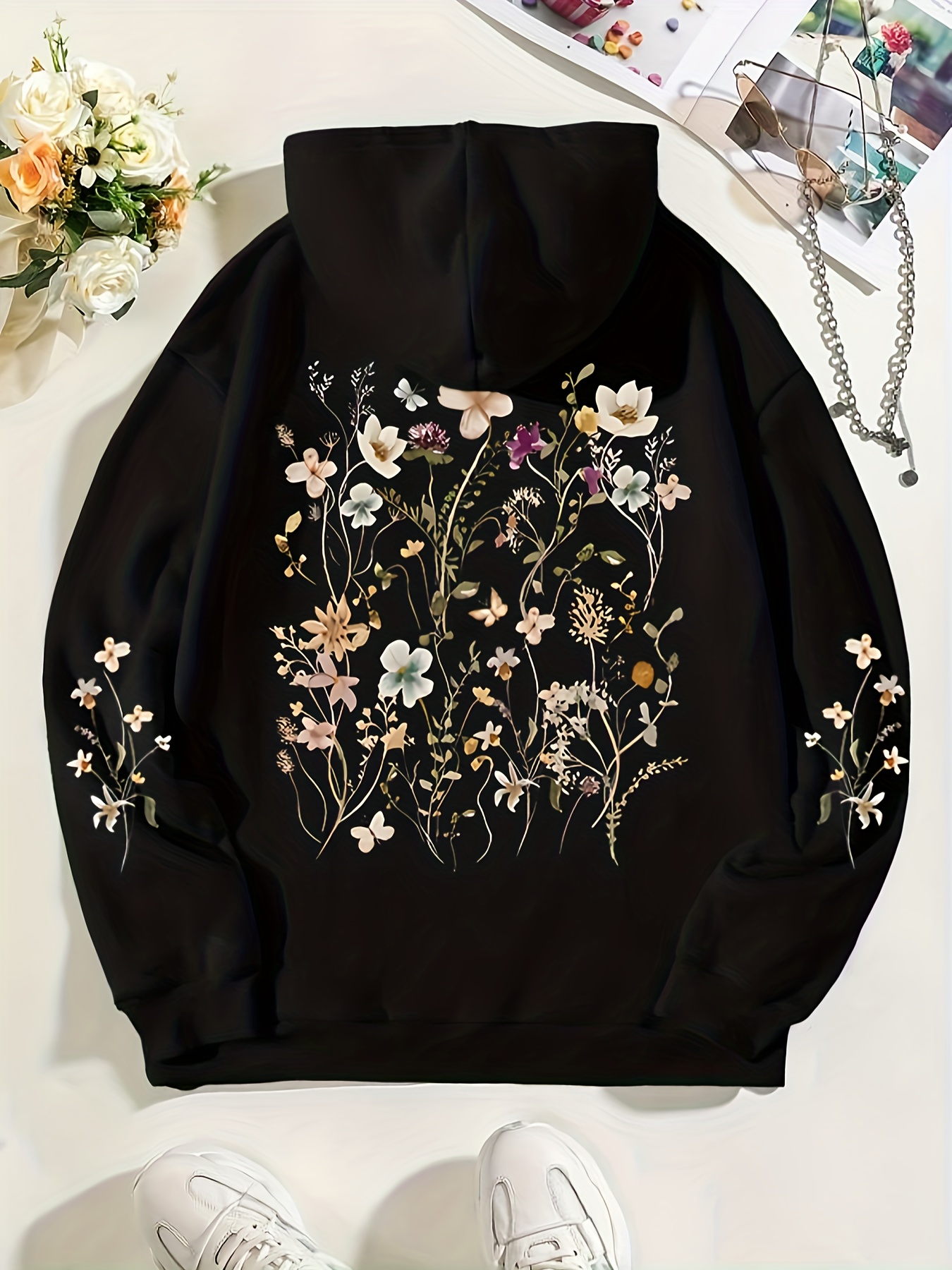 floral print drawstring hoodie casual long sleeve drop shoulder hoodie womens clothing details 5