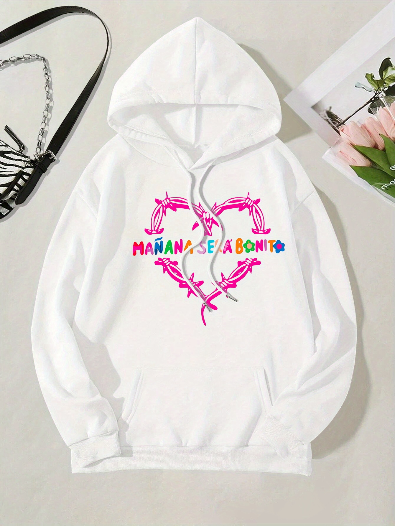 heart print kangaroo pocket hoodie casual long sleeve drawstring hoodies sweatshirt womens clothing details 14