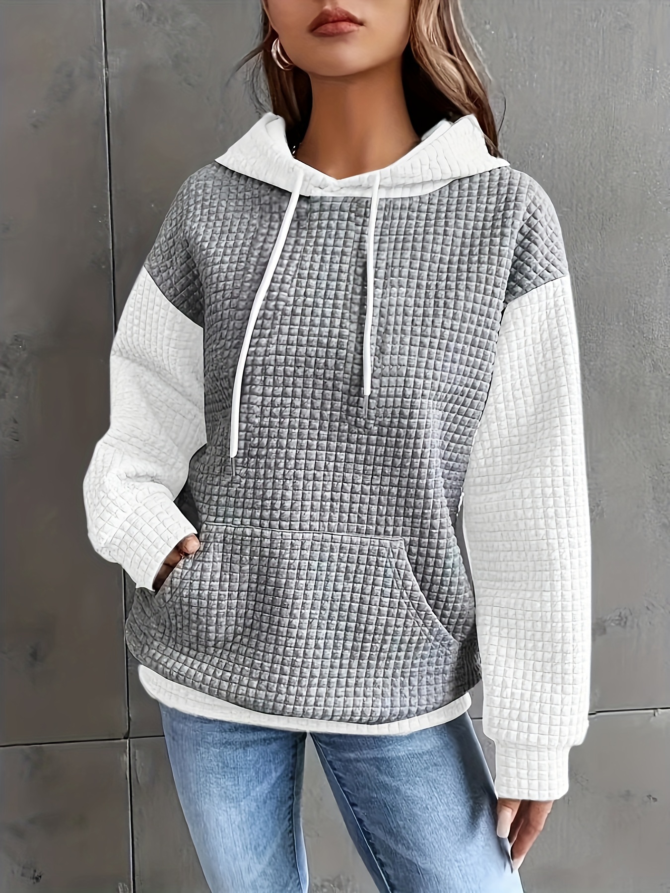 color block waffle drawstring hoodie casual long sleeve pocket sweatshirt womens clothing details 3