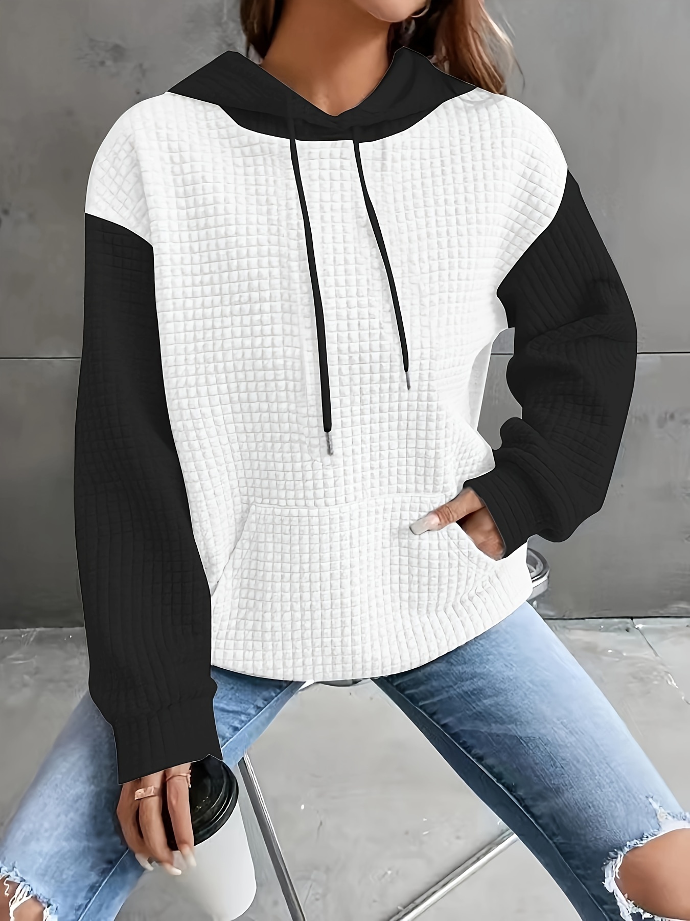 color block waffle drawstring hoodie casual long sleeve pocket sweatshirt womens clothing details 4