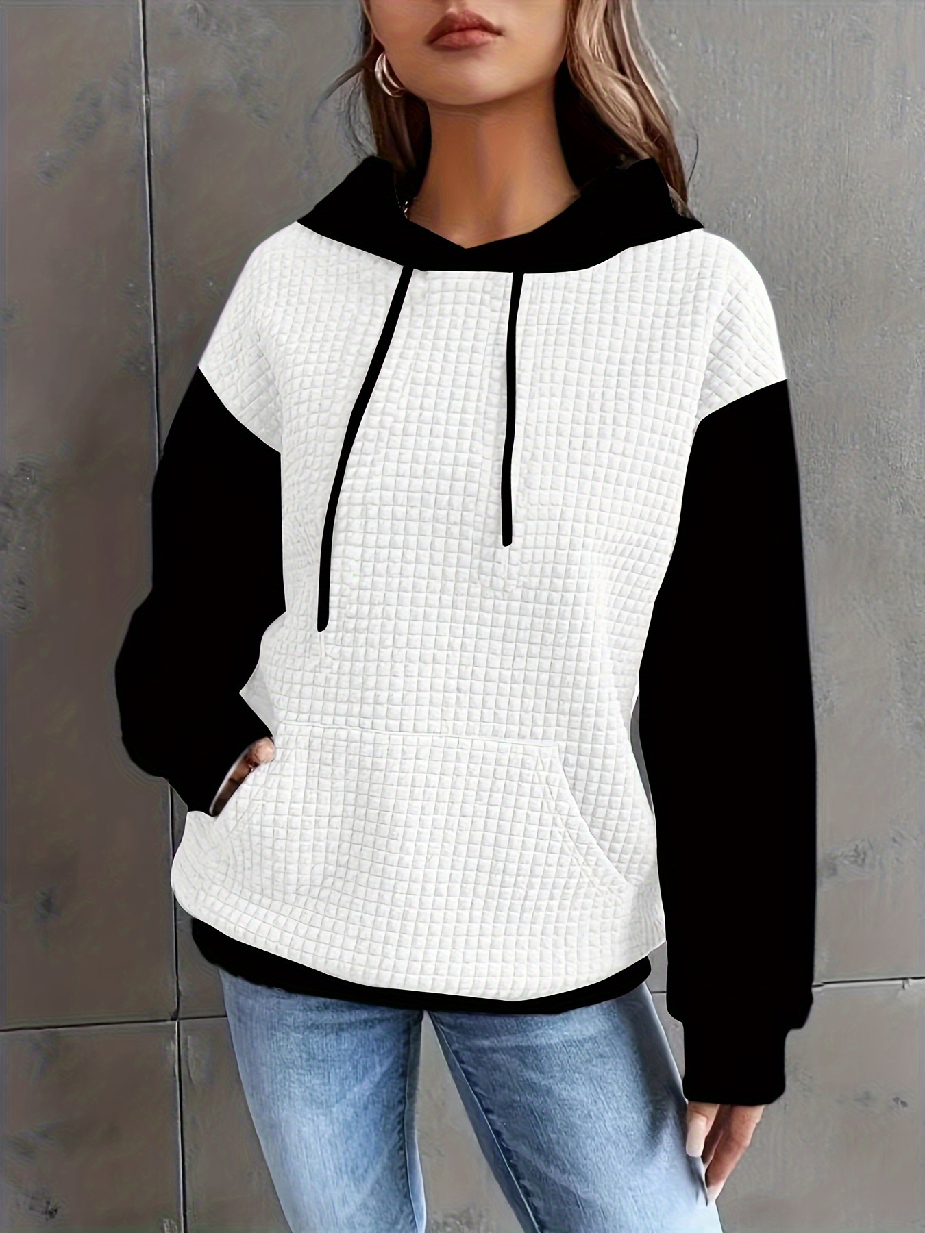 color block waffle drawstring hoodie casual long sleeve pocket sweatshirt womens clothing details 7