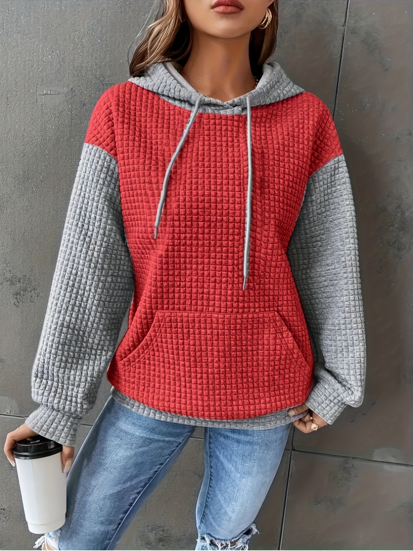 color block waffle drawstring hoodie casual long sleeve pocket sweatshirt womens clothing details 8