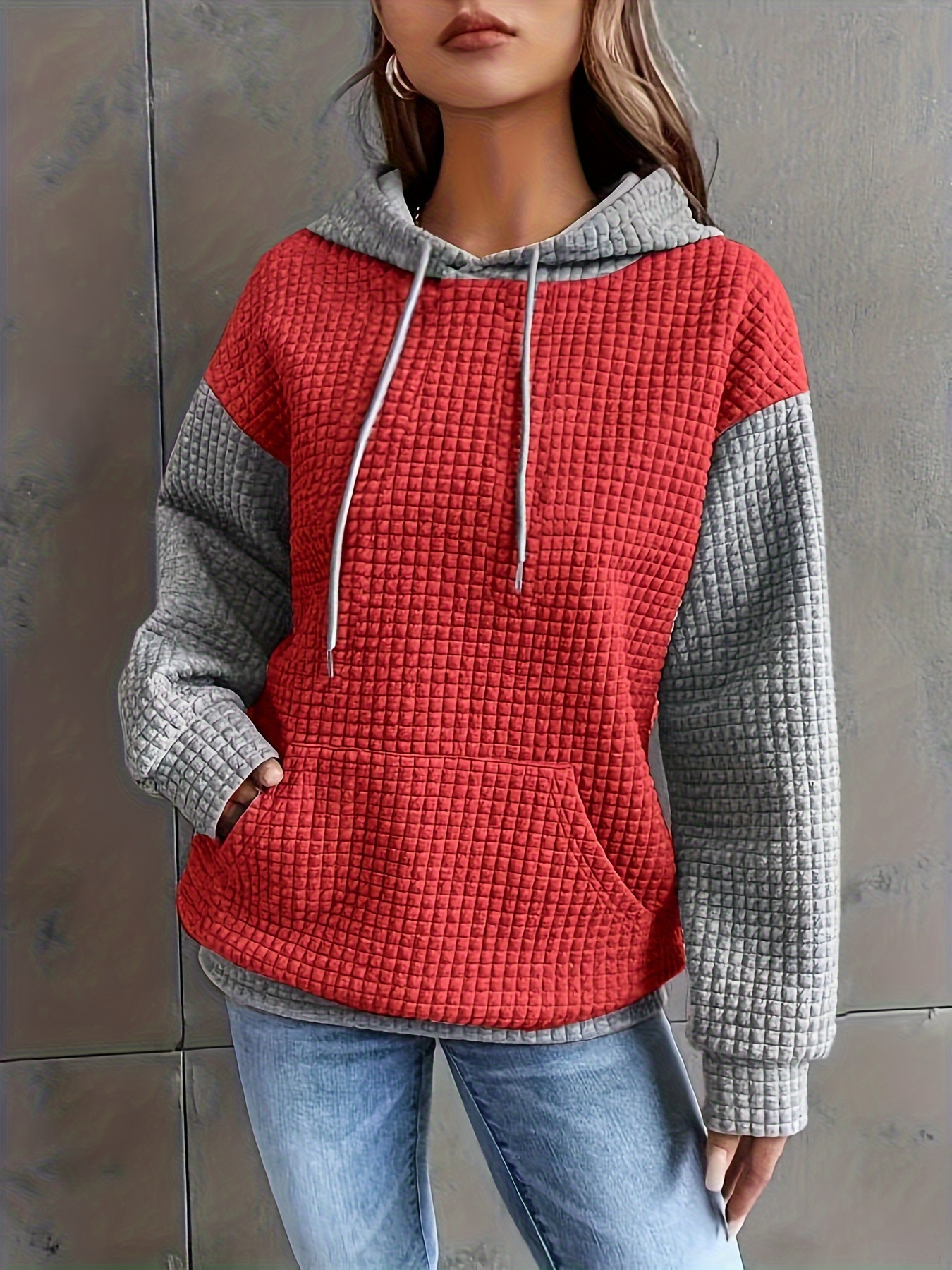 color block waffle drawstring hoodie casual long sleeve pocket sweatshirt womens clothing details 11