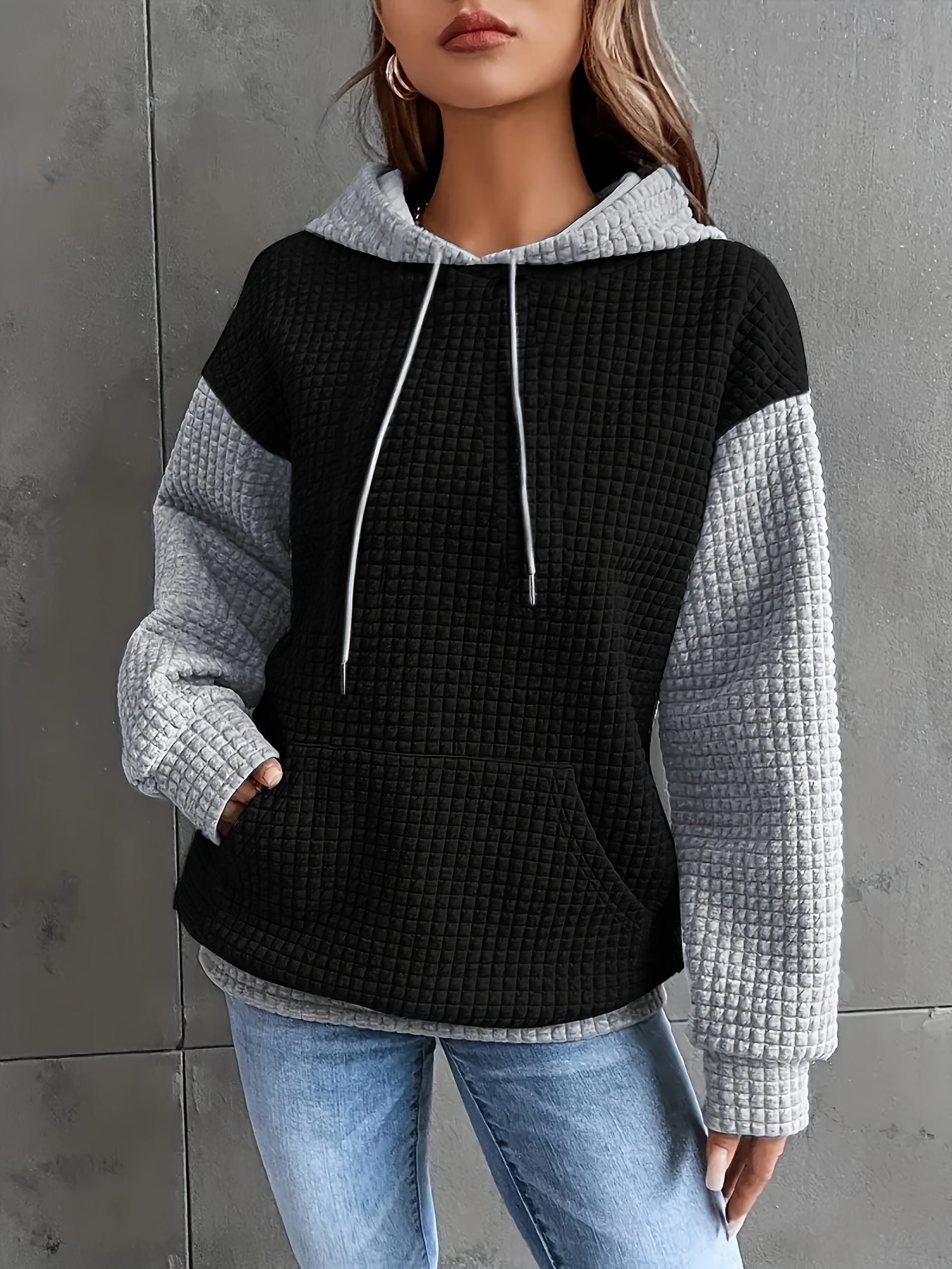 color block waffle drawstring hoodie casual long sleeve pocket sweatshirt womens clothing details 15