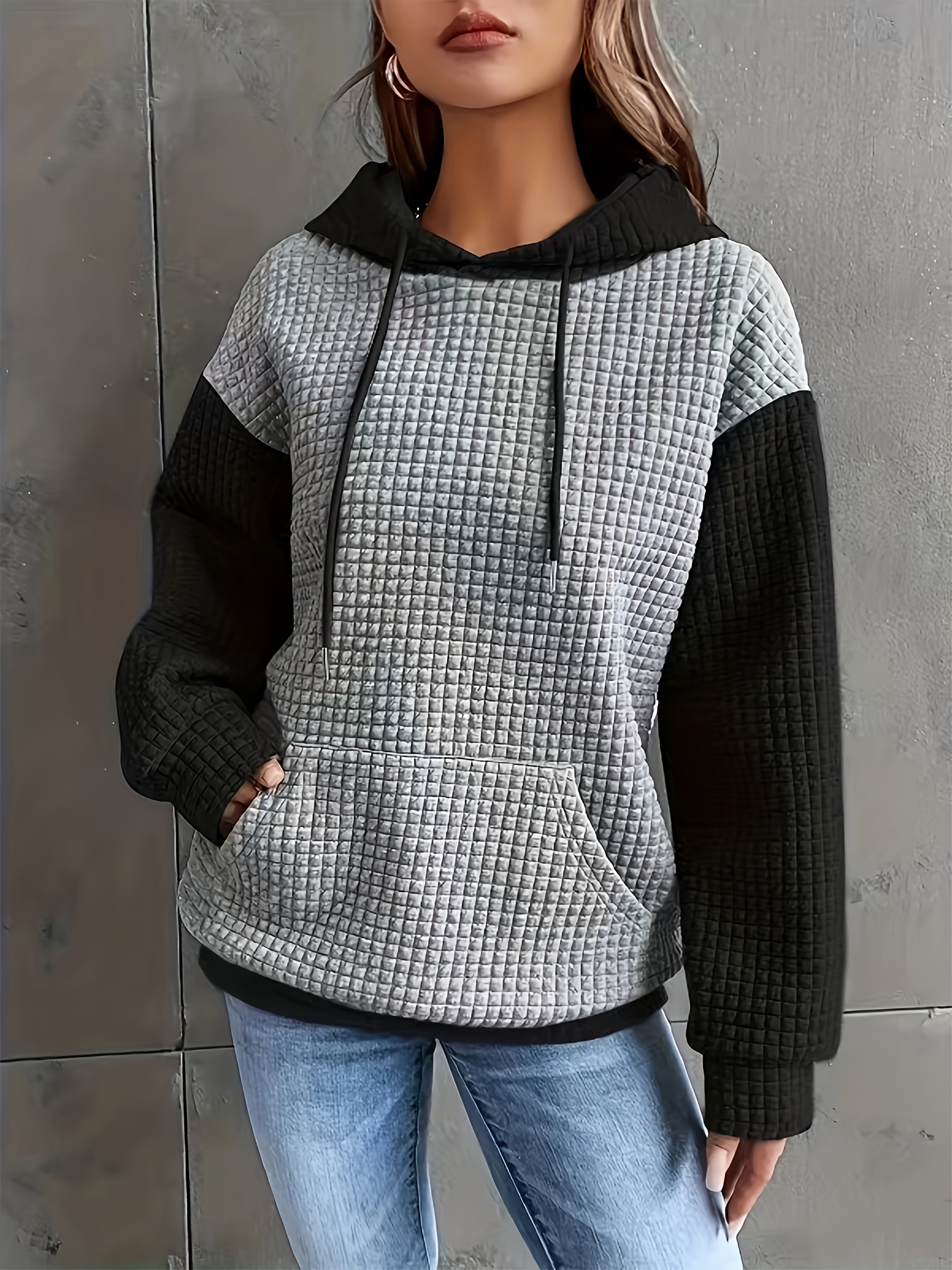 color block waffle drawstring hoodie casual long sleeve pocket sweatshirt womens clothing details 19