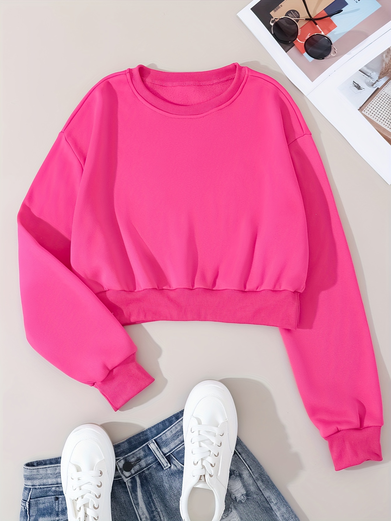 solid color pullover sweatshirt casual long sleeve crew neck sweatshirt for fall winter womens clothing details 0