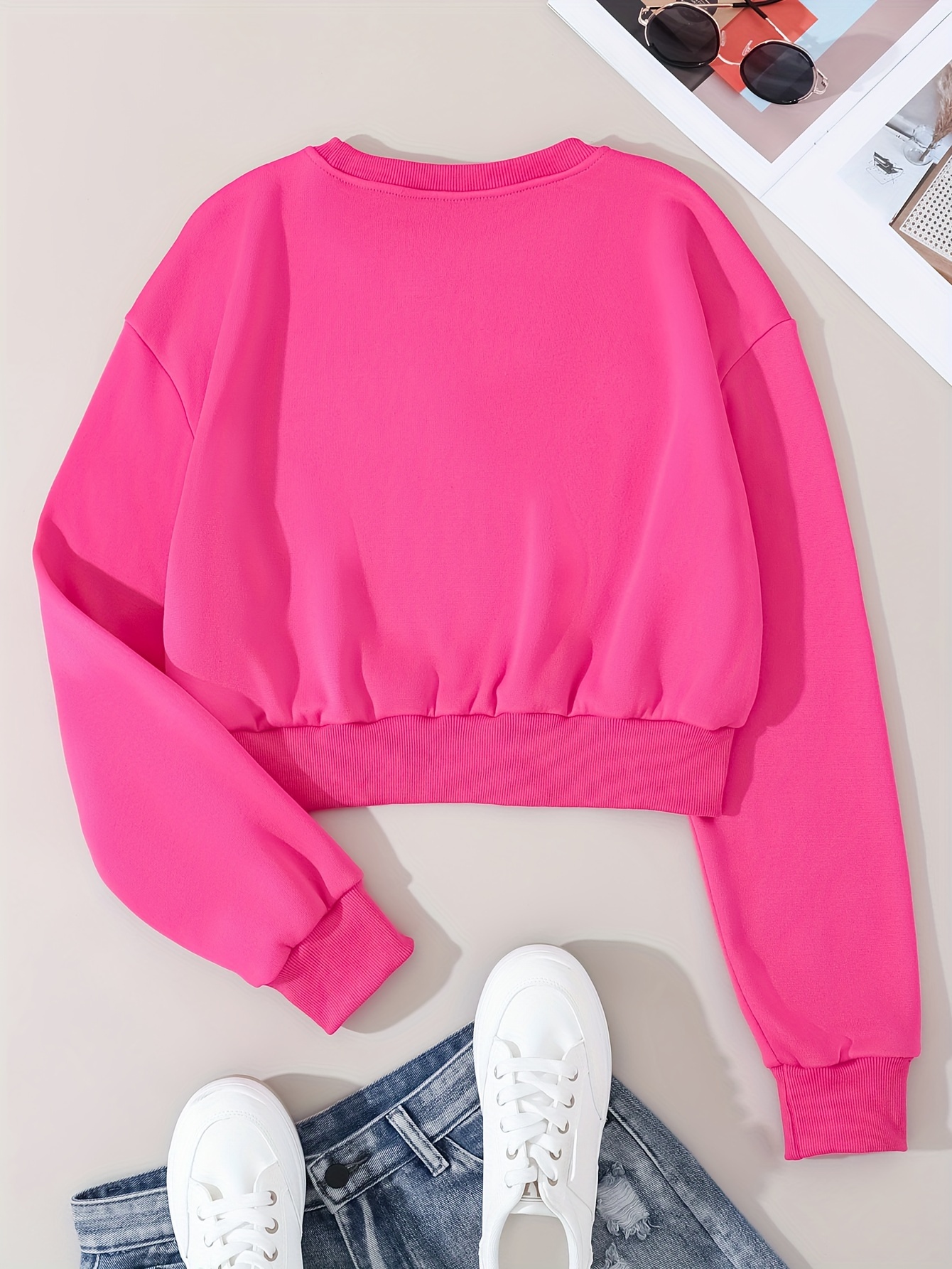 solid color pullover sweatshirt casual long sleeve crew neck sweatshirt for fall winter womens clothing details 1