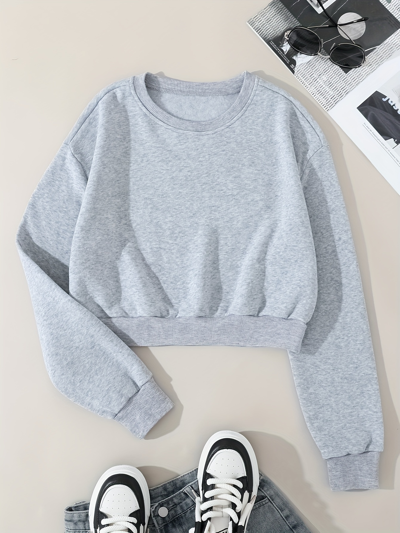 solid color pullover sweatshirt casual long sleeve crew neck sweatshirt for fall winter womens clothing details 5