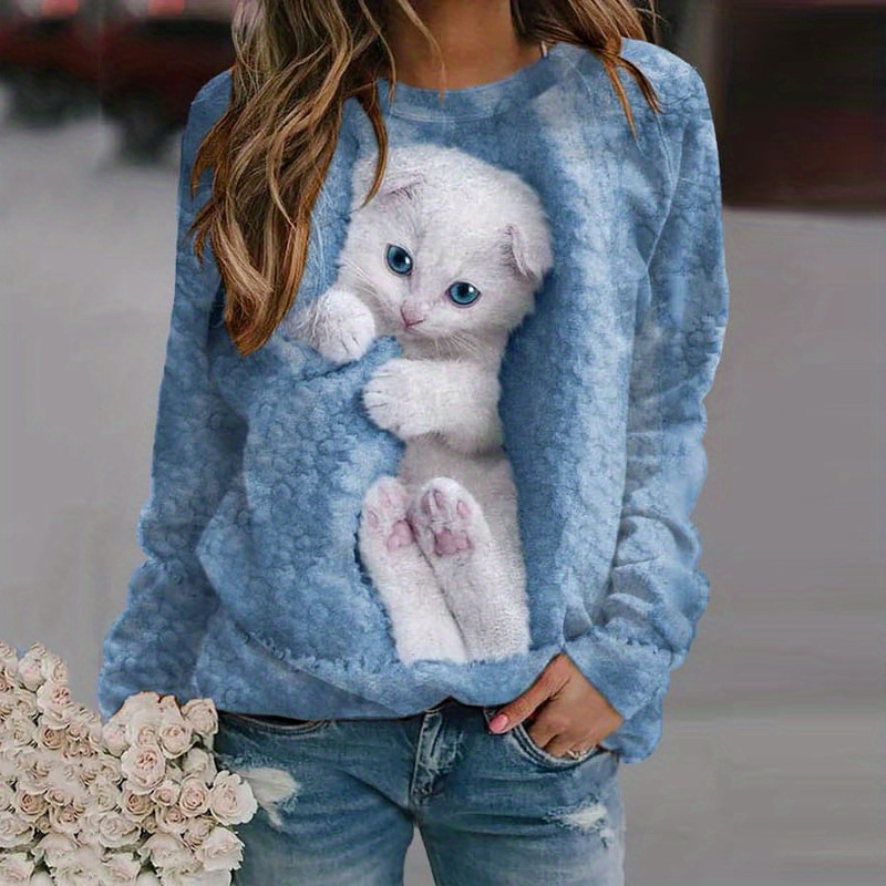 round neck cute cat sweatshirt long sleeves animals print casual fashion pullover for spring fall womens clothing details 1