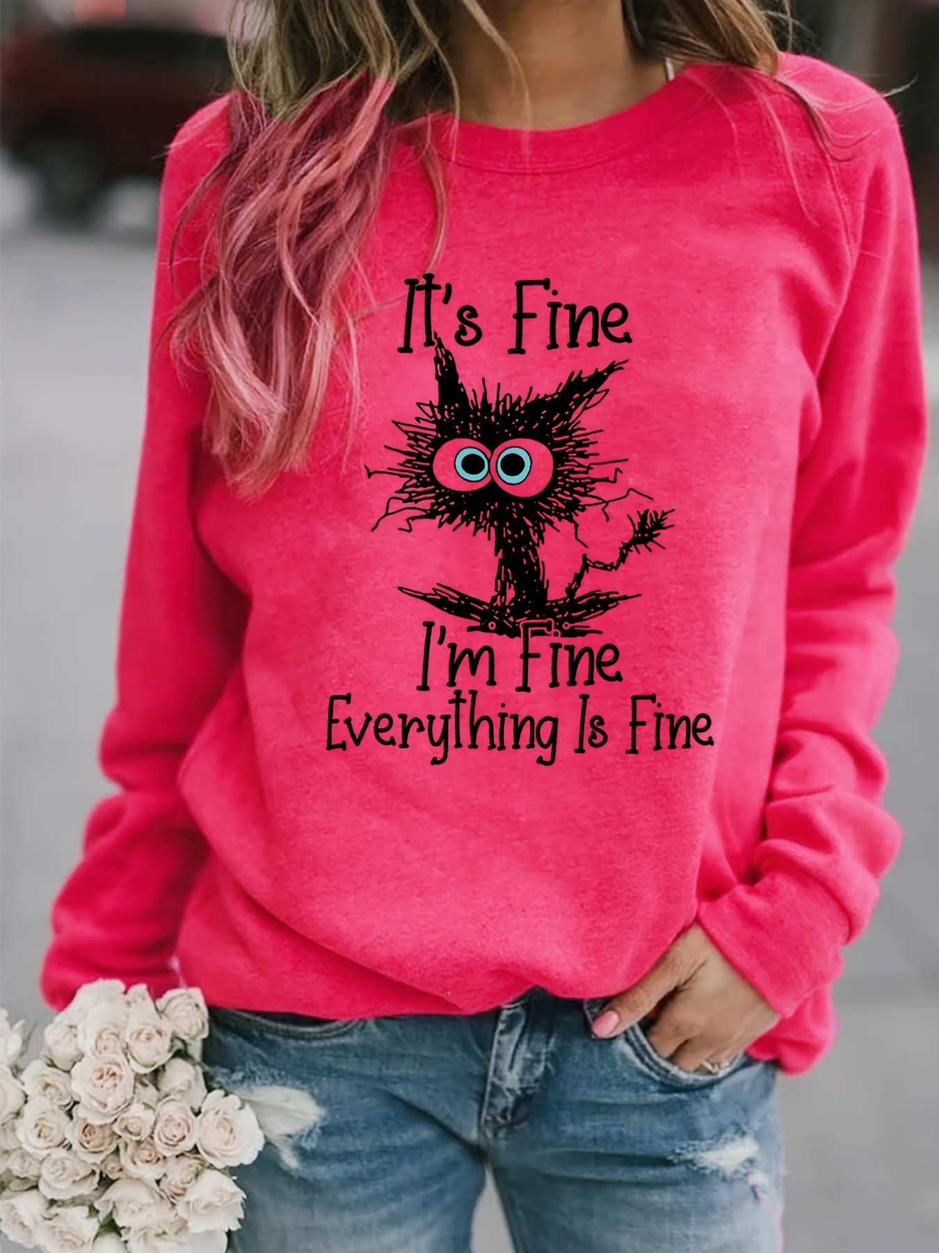 its fine cartoon cat print sweatshirt long sleeve crew neck casual sweatshirt for winter fall womens clothing details 0