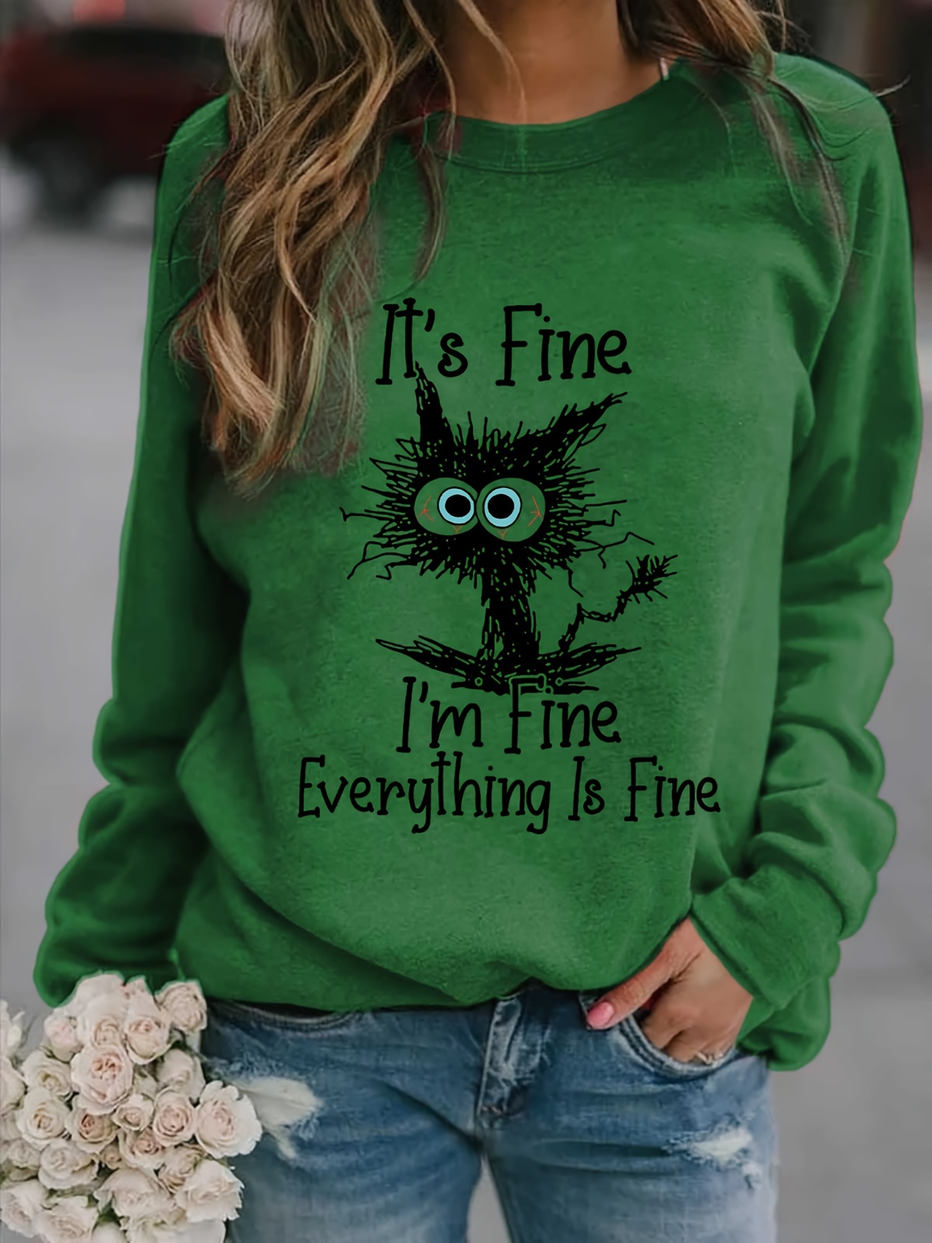 its fine cartoon cat print sweatshirt long sleeve crew neck casual sweatshirt for winter fall womens clothing details 5