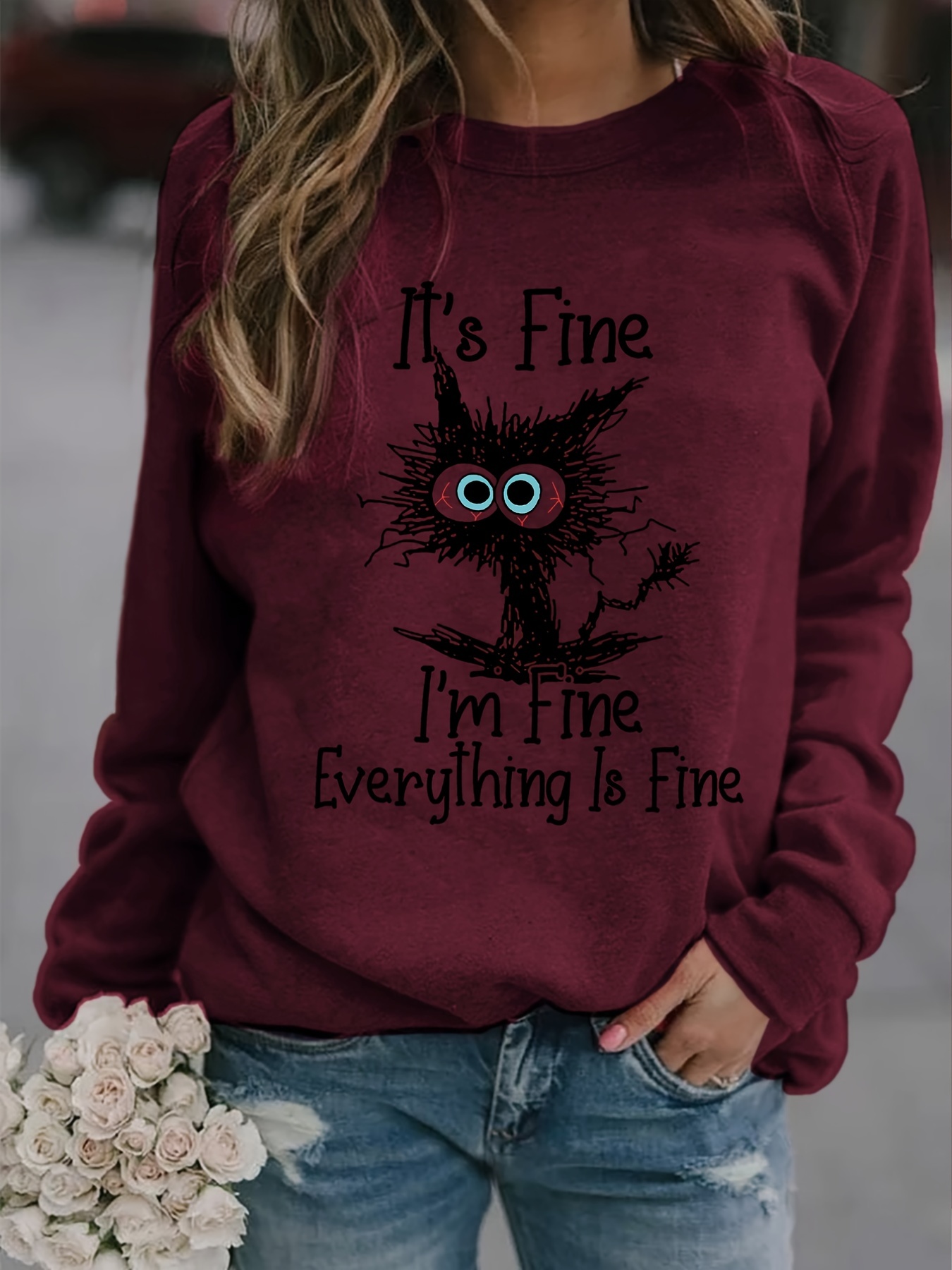 its fine cartoon cat print sweatshirt long sleeve crew neck casual sweatshirt for winter fall womens clothing details 10