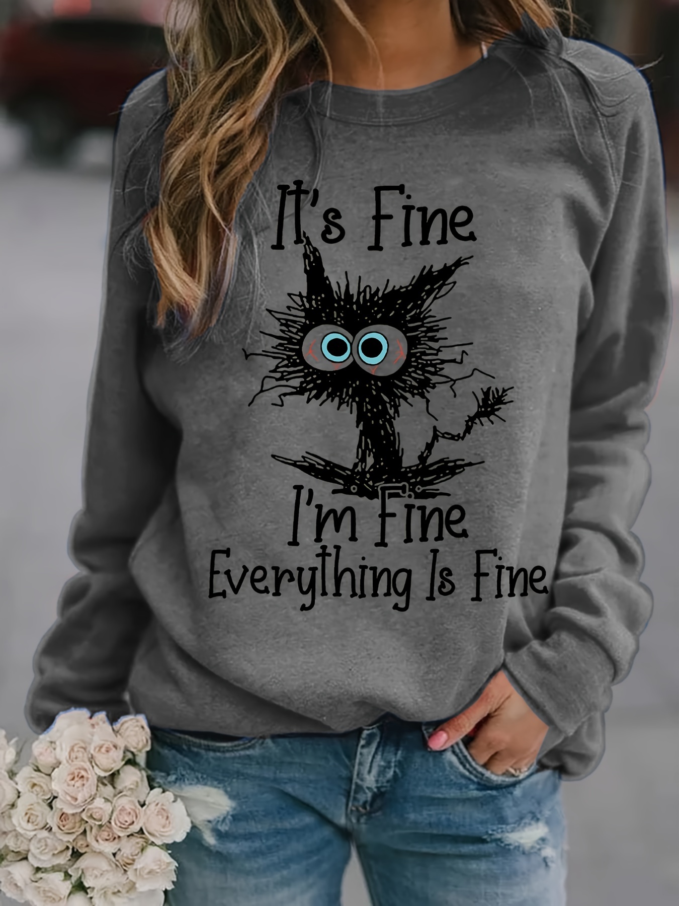 its fine cartoon cat print sweatshirt long sleeve crew neck casual sweatshirt for winter fall womens clothing details 15