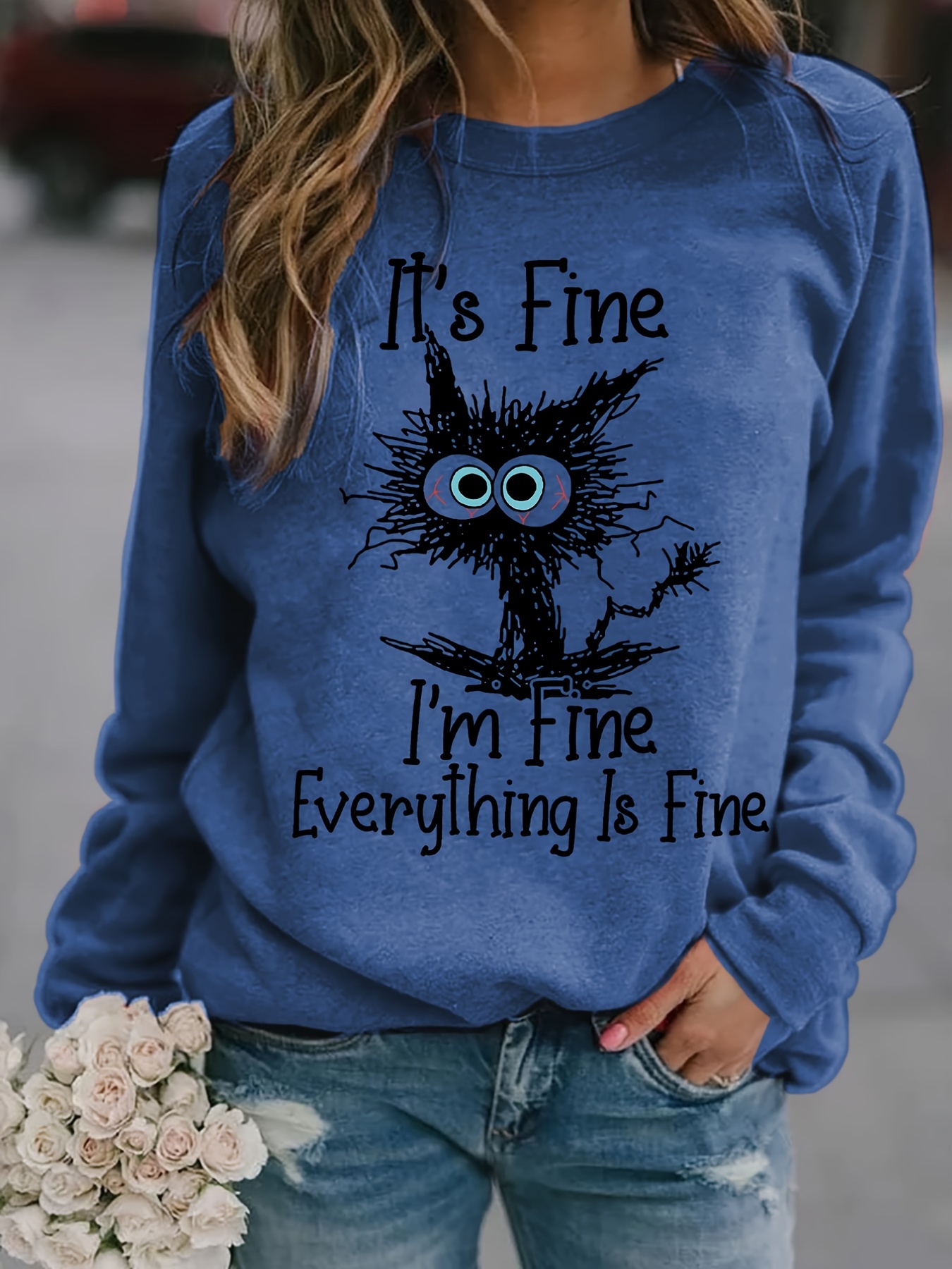 its fine cartoon cat print sweatshirt long sleeve crew neck casual sweatshirt for winter fall womens clothing details 21