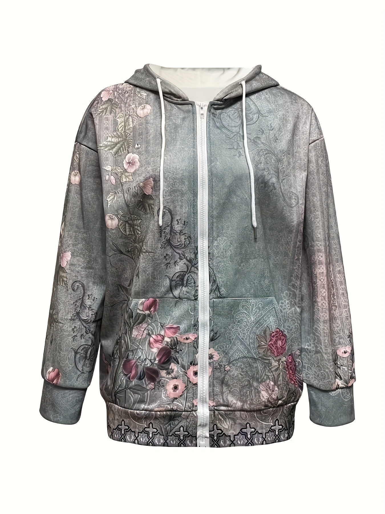 floral print drawstring hoodie casual long sleeve zip up hoodie womens clothing details 1