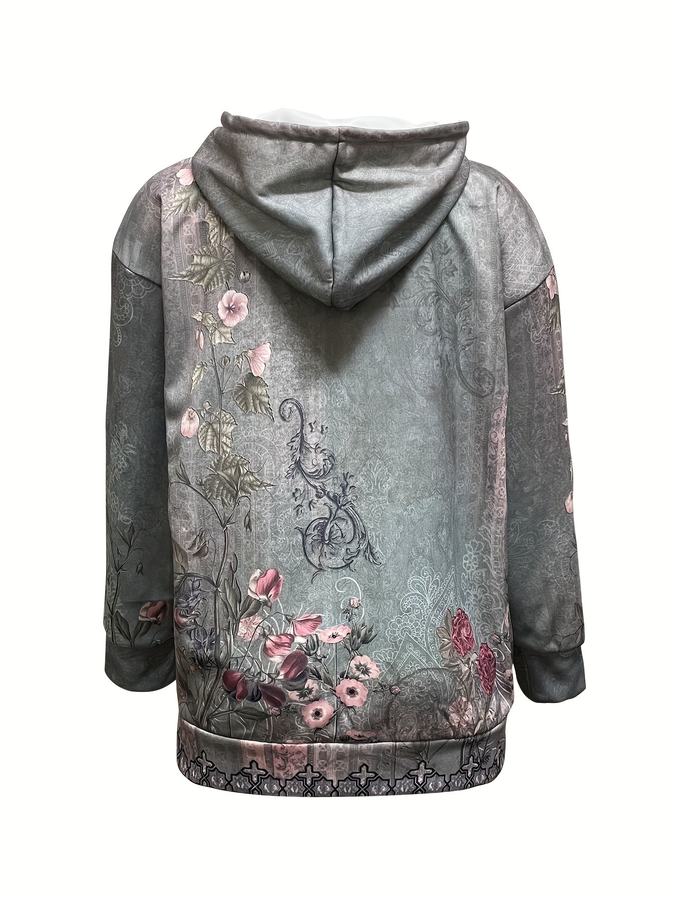 floral print drawstring hoodie casual long sleeve zip up hoodie womens clothing details 2