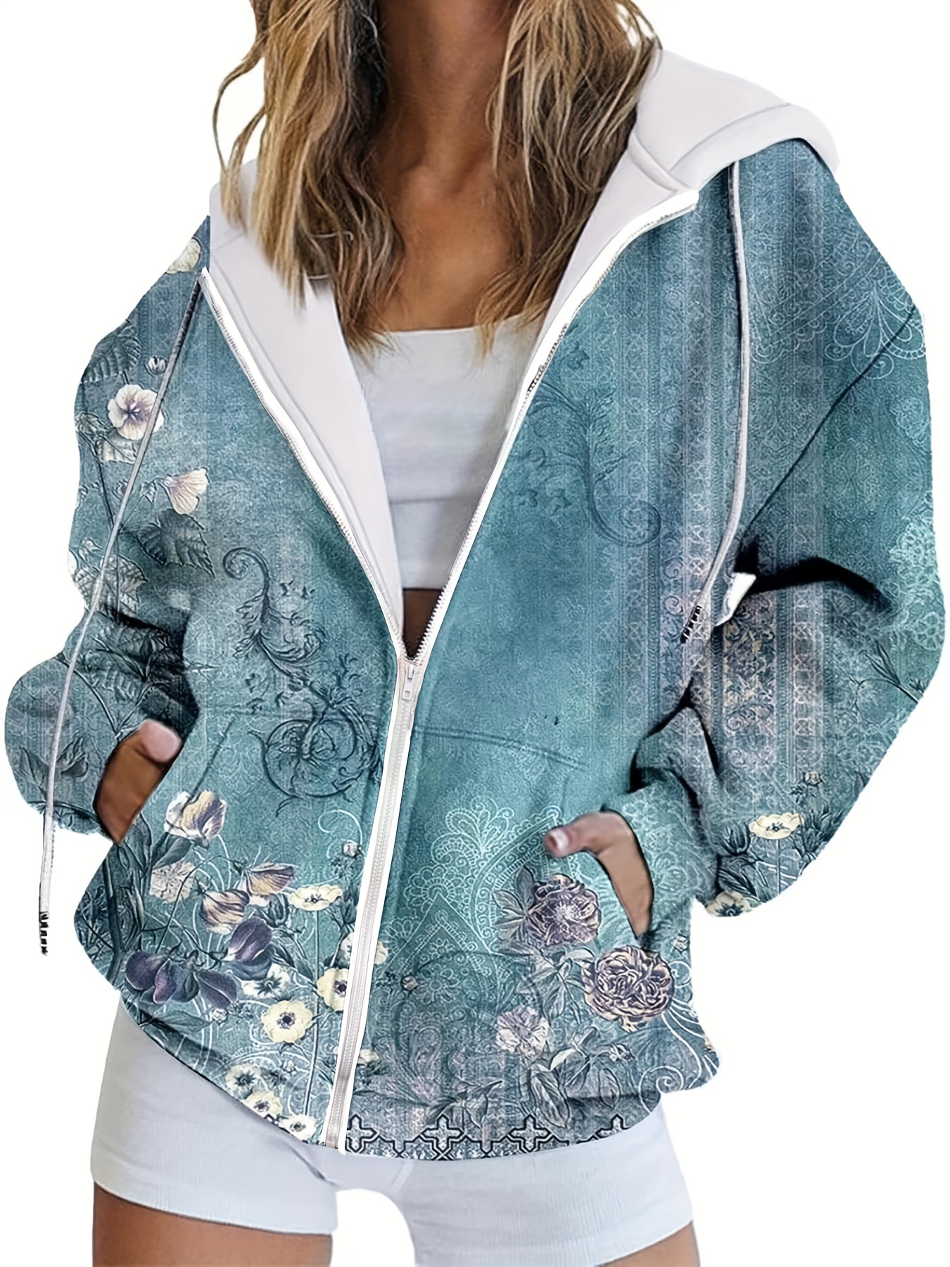 floral print drawstring hoodie casual long sleeve zip up hoodie womens clothing details 6