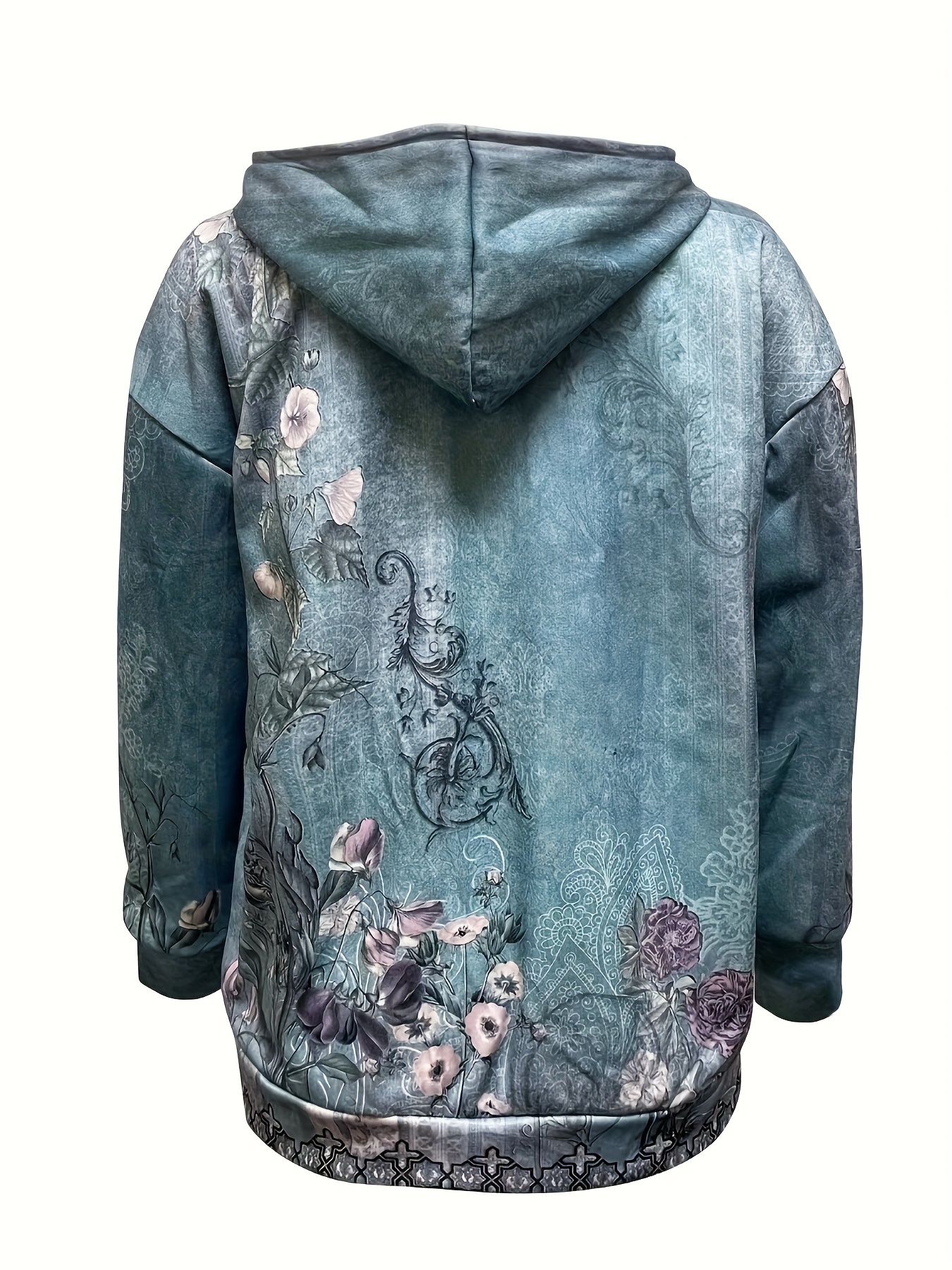 floral print drawstring hoodie casual long sleeve zip up hoodie womens clothing details 7