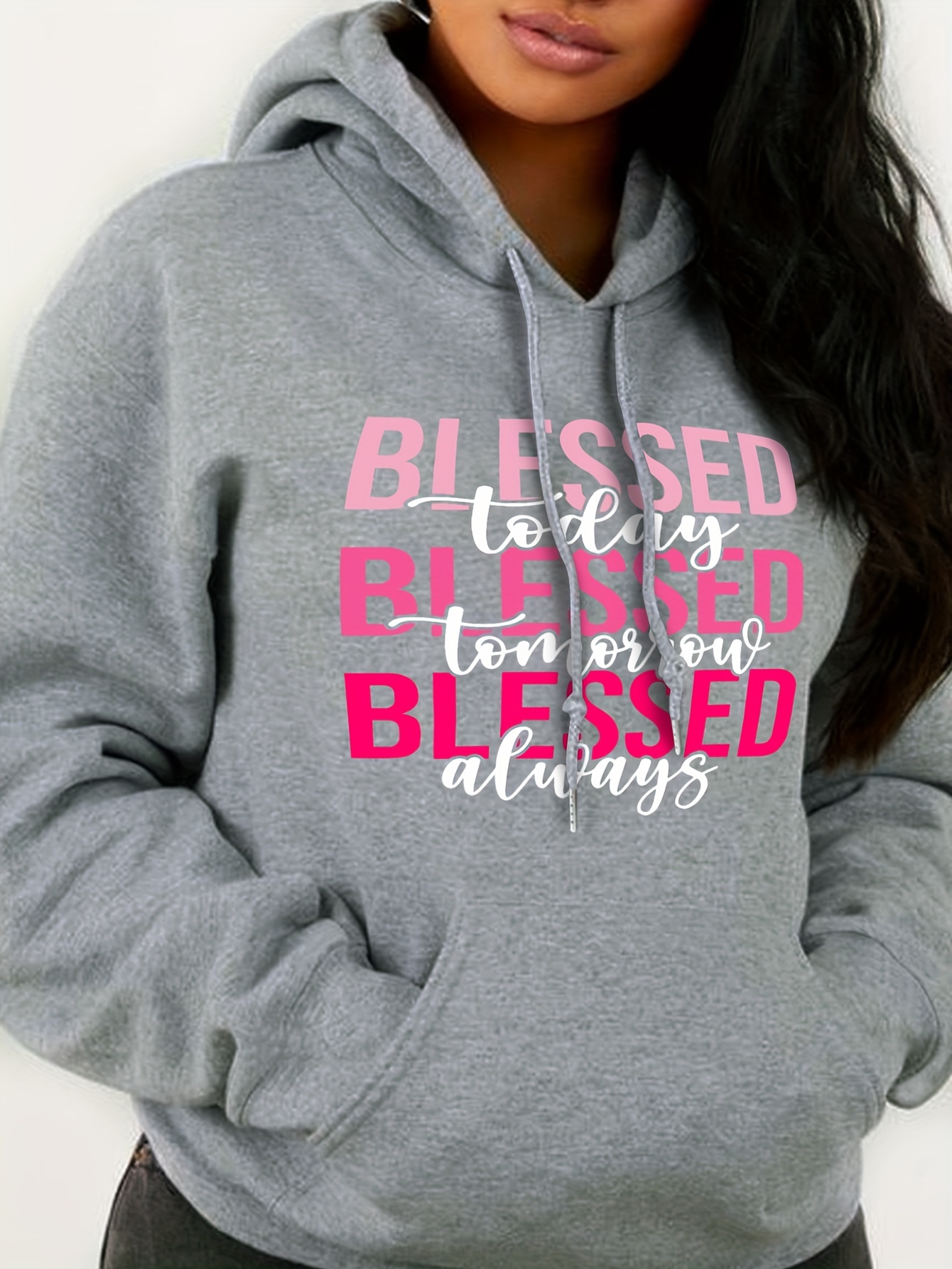 blessed letter print drawstring hoodie casual long sleeve kangaroo pocket sweatshirt womens clothing details 0