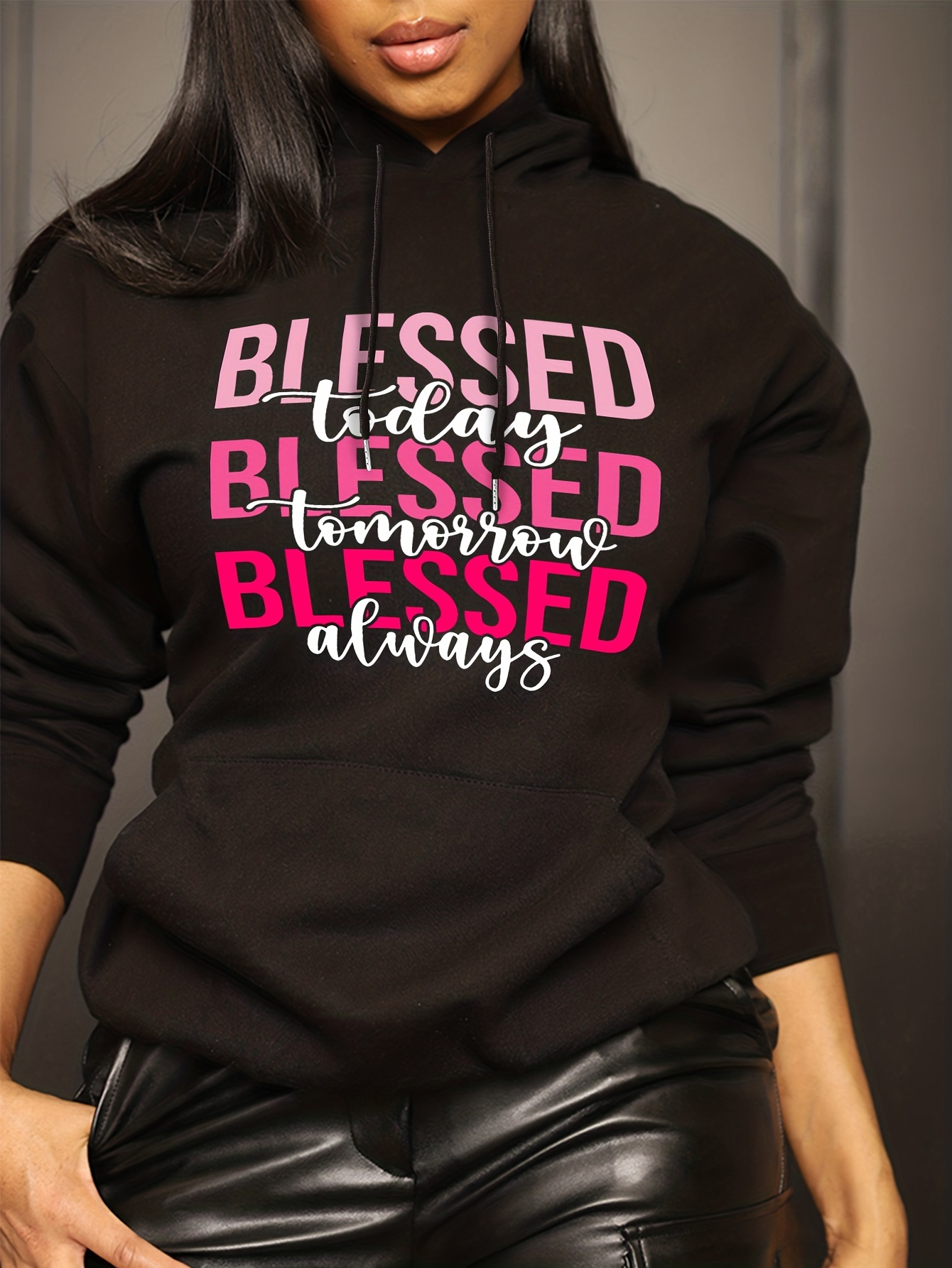 blessed letter print drawstring hoodie casual long sleeve kangaroo pocket sweatshirt womens clothing details 6