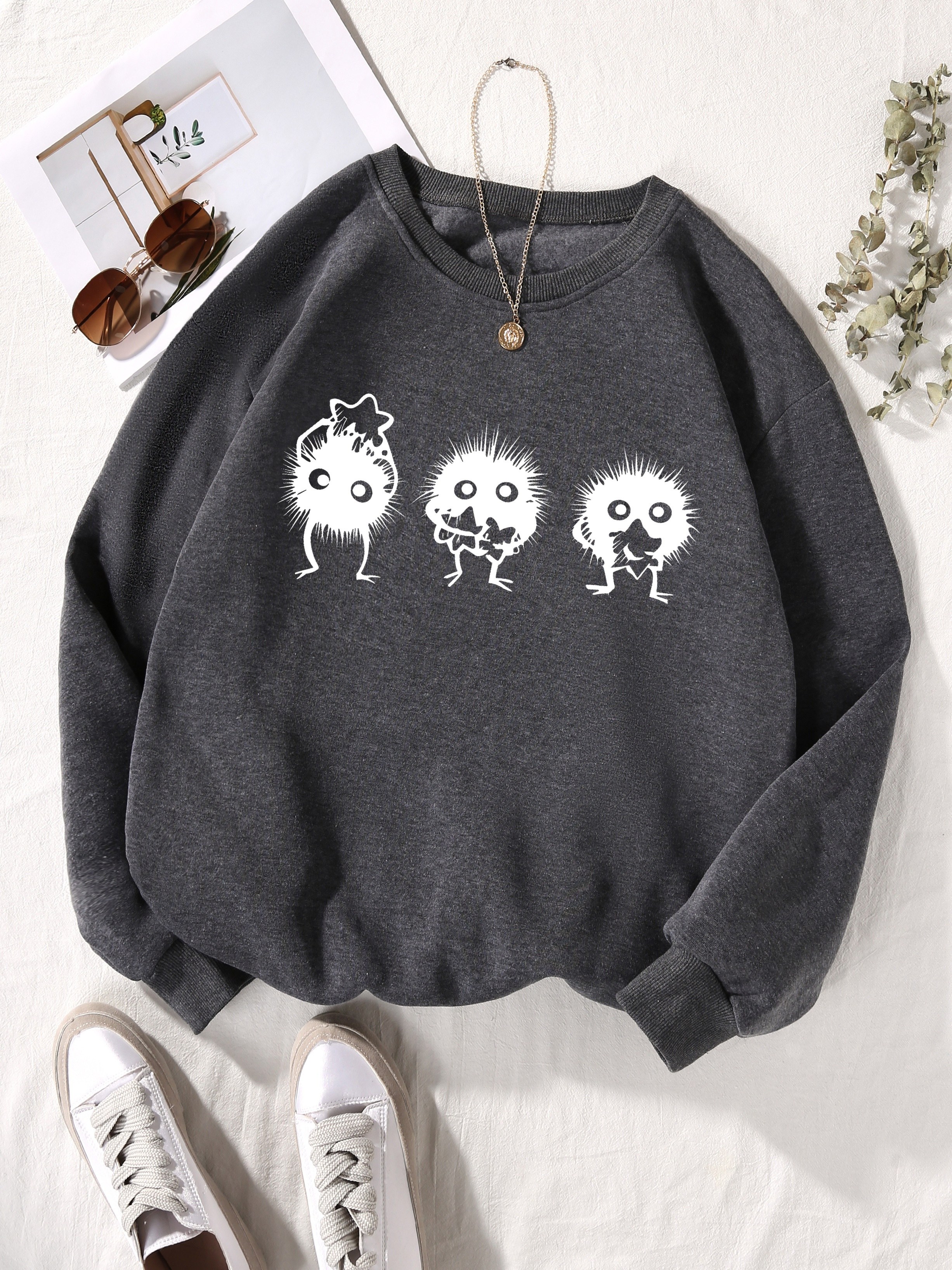 cartoon character print pullover sweatshirt casual long sleeve crew neck sweatshirt for fall winter womens clothing details 0