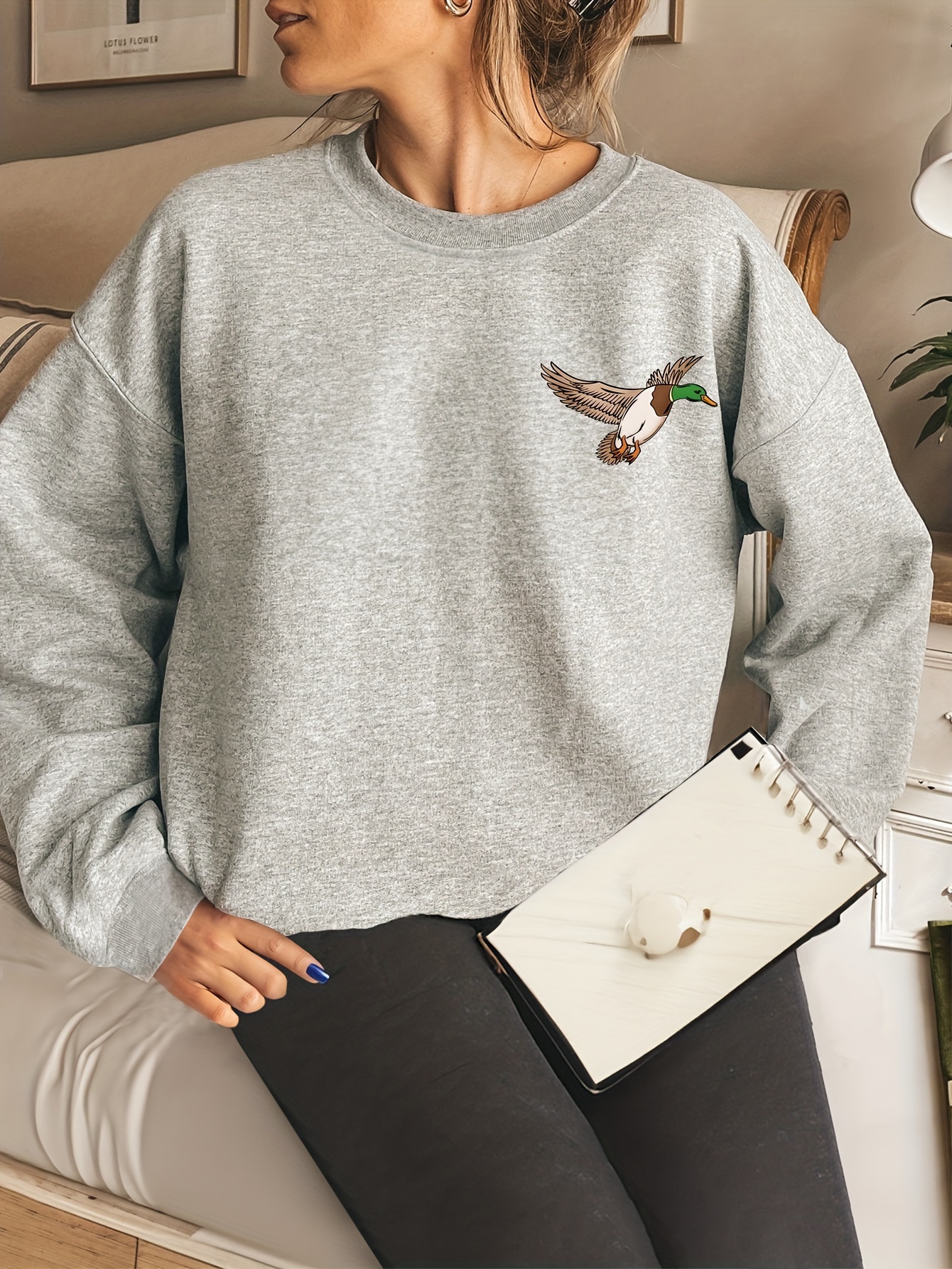 animal letter print pullover sweatshirt casual long sleeve crew neck sweatshirt for fall winter womens clothing details 6