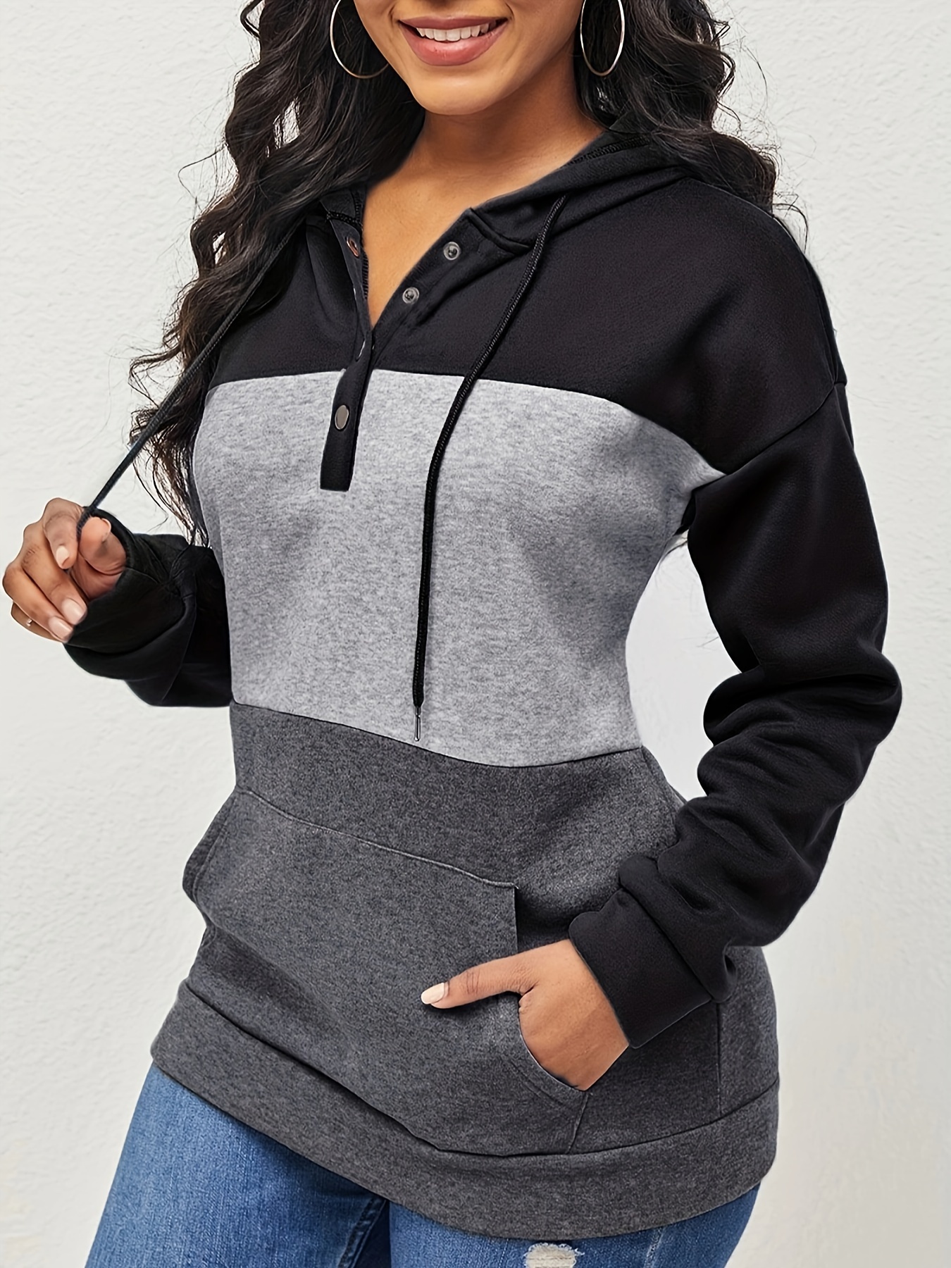 color block button drawstring hoodie casual long sleeve kangaroo pocket sweatshirt womens clothing details 3