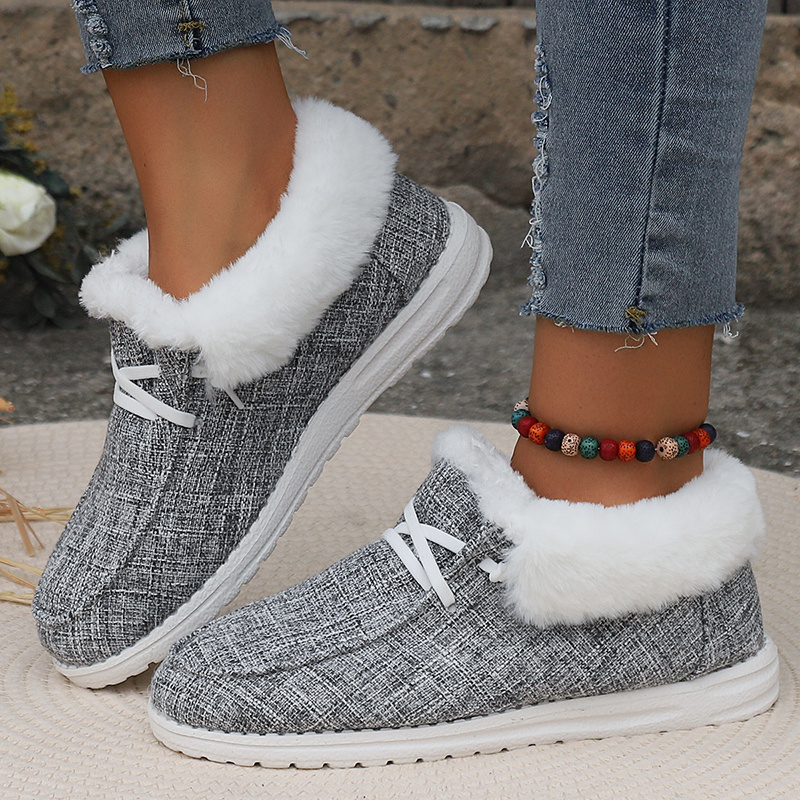 womens fluffy plush lined canvas shoes solid color slip on flat loafers winter warm cozy low top shoes details 0