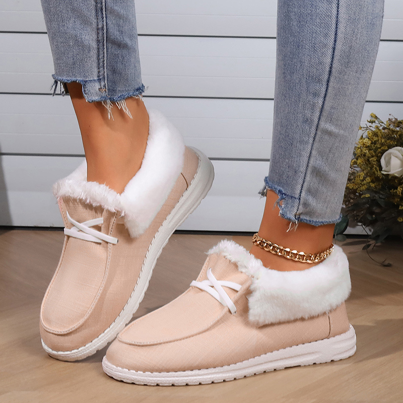 womens fluffy plush lined canvas shoes solid color slip on flat loafers winter warm cozy low top shoes details 1