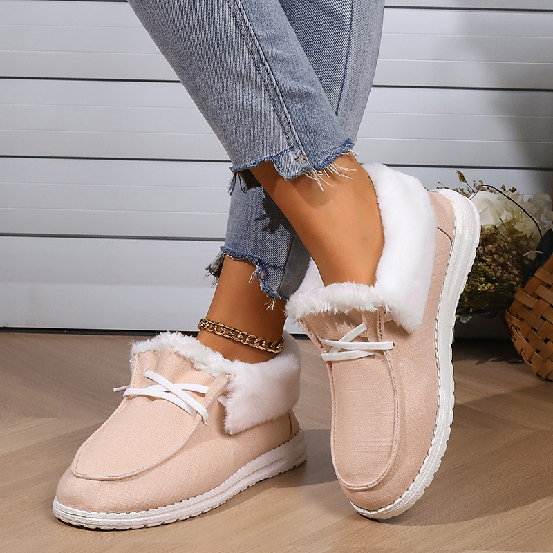 womens fluffy plush lined canvas shoes solid color slip on flat loafers winter warm cozy low top shoes details 2