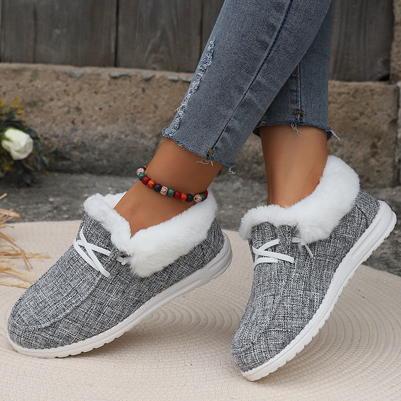 womens fluffy plush lined canvas shoes solid color slip on flat loafers winter warm cozy low top shoes details 3