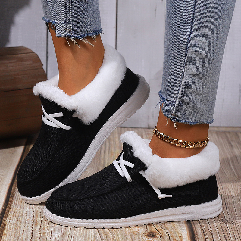 womens fluffy plush lined canvas shoes solid color slip on flat loafers winter warm cozy low top shoes details 6