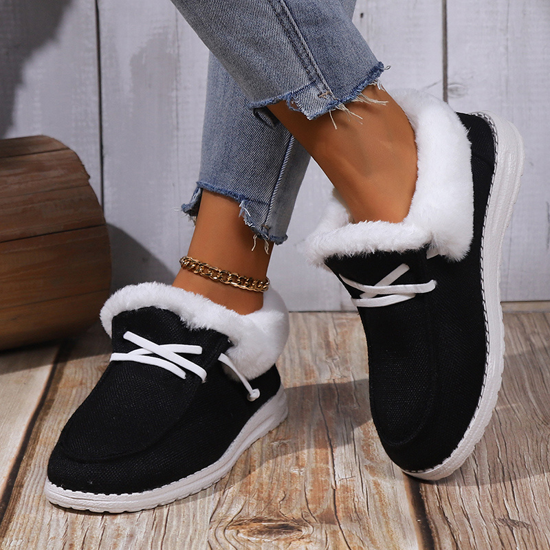 womens fluffy plush lined canvas shoes solid color slip on flat loafers winter warm cozy low top shoes details 7