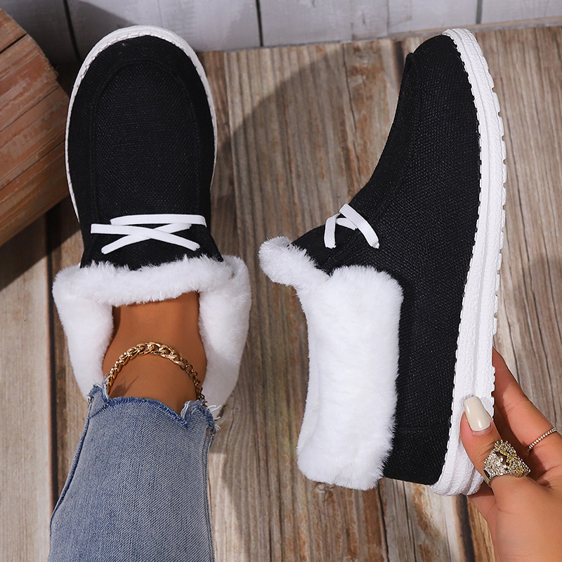 womens fluffy plush lined canvas shoes solid color slip on flat loafers winter warm cozy low top shoes details 8