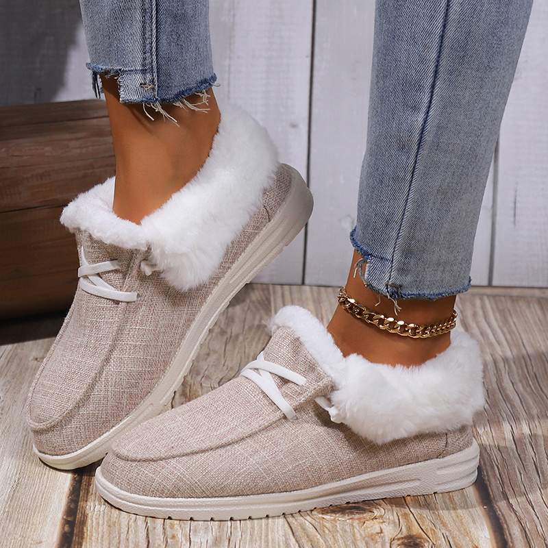 womens fluffy plush lined canvas shoes solid color slip on flat loafers winter warm cozy low top shoes details 9