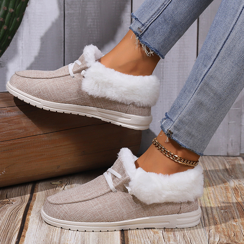 womens fluffy plush lined canvas shoes solid color slip on flat loafers winter warm cozy low top shoes details 10