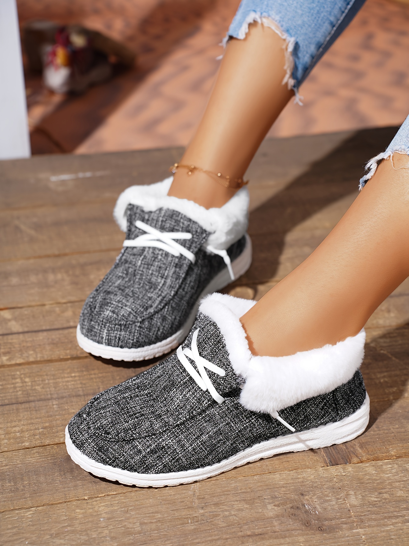 womens fluffy plush lined canvas shoes solid color slip on flat loafers winter warm cozy low top shoes details 12