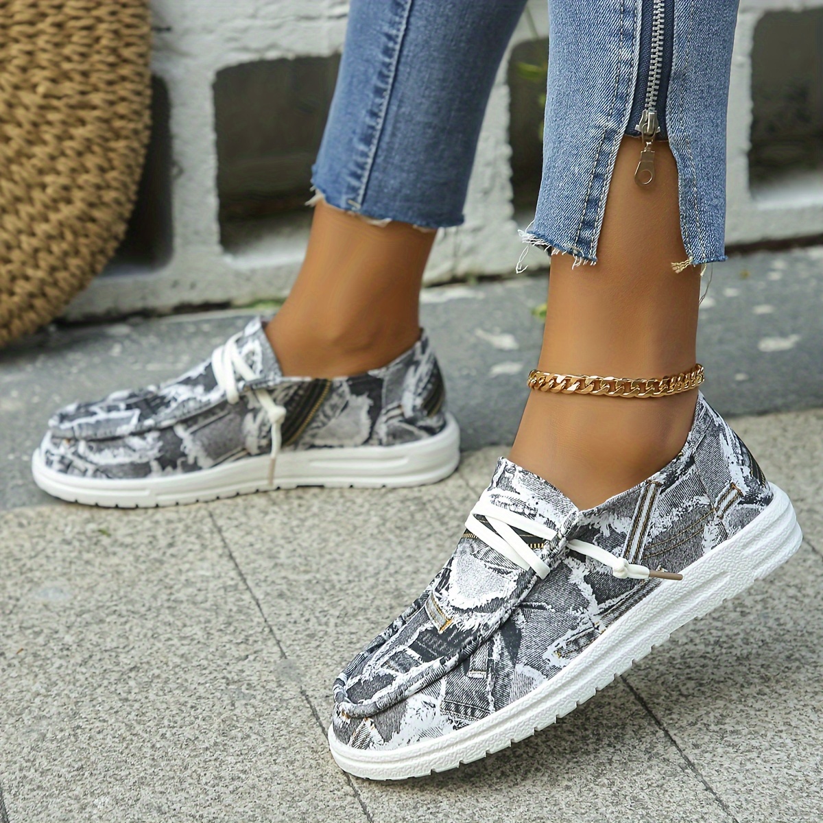 womens denim print flat shoes casual round toe slip on canvas shoes lightweight low top sneakers details 0