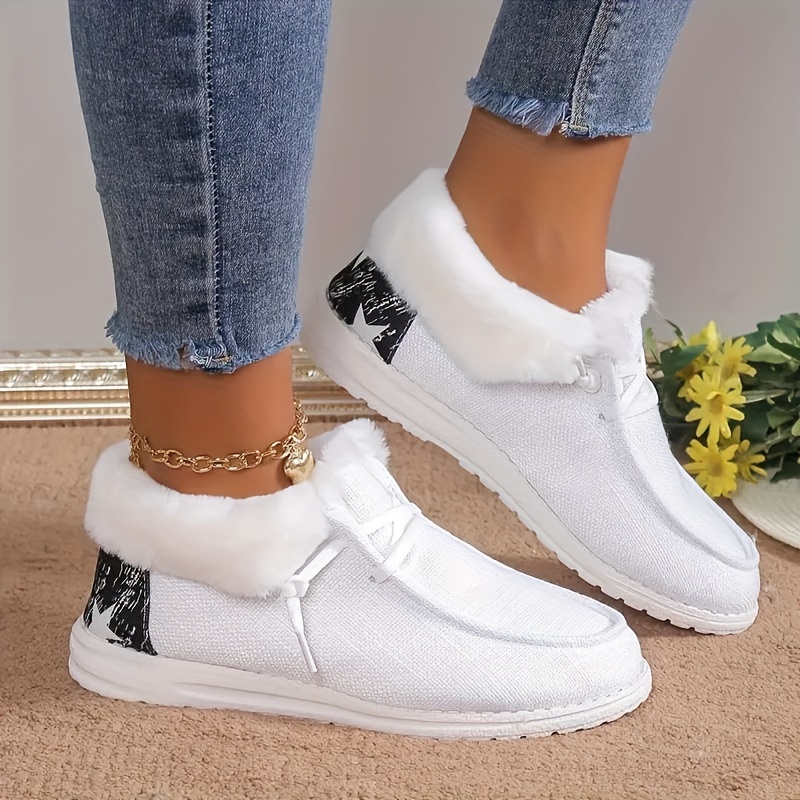 womens stars pattern fuzzy loafers soft sole platform plush lined cozy shoes winter non slip plush canvas shoes details 1