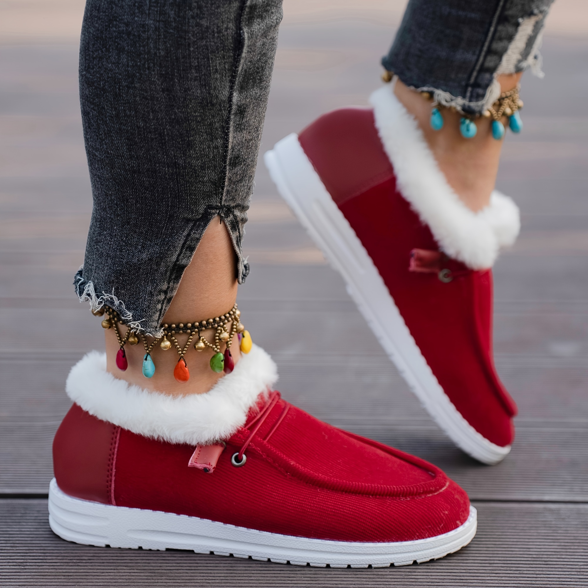 womens plush lined sneakers round toe slip on low top flat shoes winter warm outdoor shoes details 0