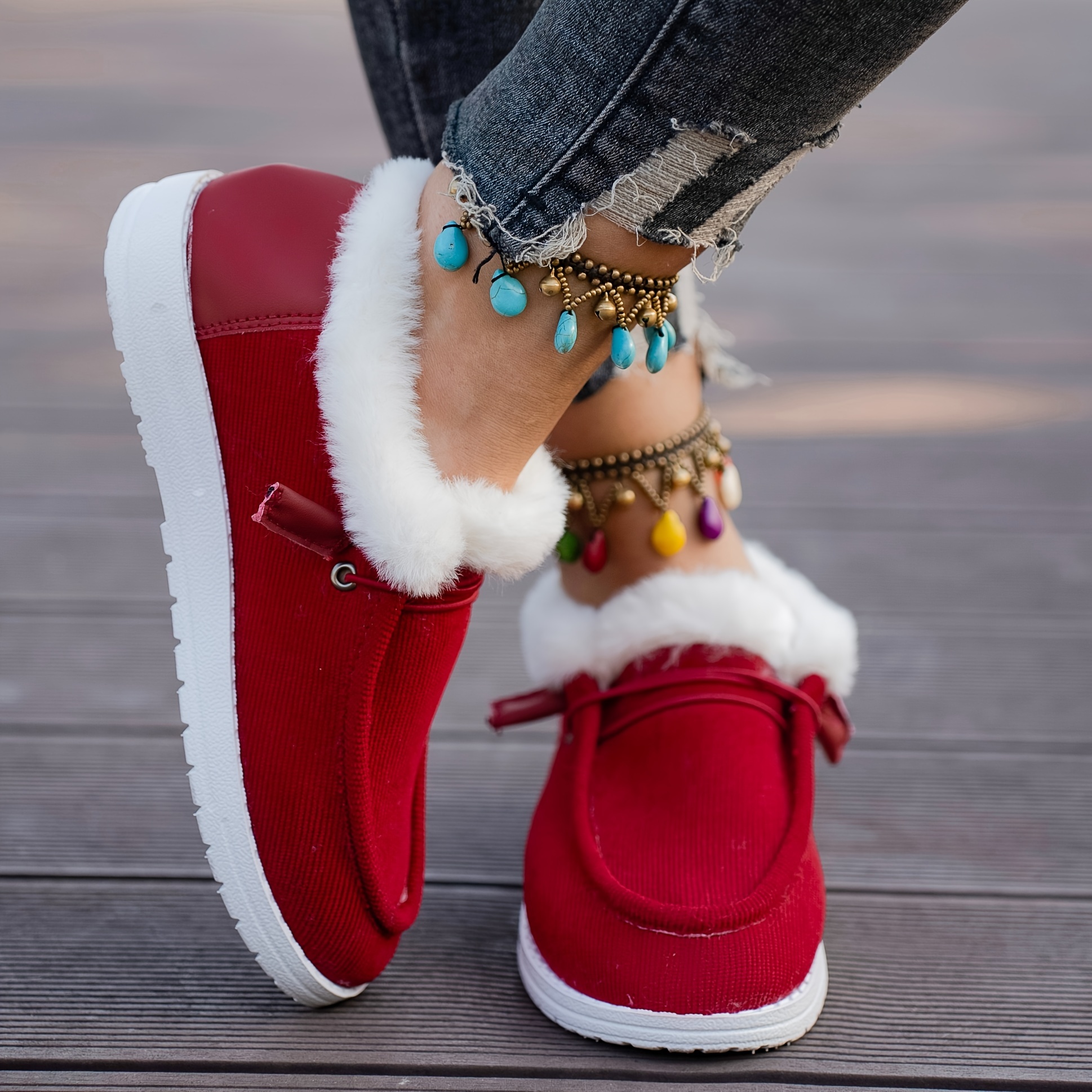 womens plush lined sneakers round toe slip on low top flat shoes winter warm outdoor shoes details 1