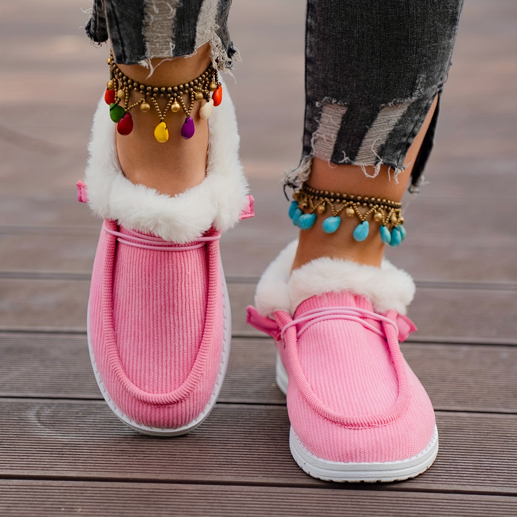 womens plush lined sneakers round toe slip on low top flat shoes winter warm outdoor shoes details 4